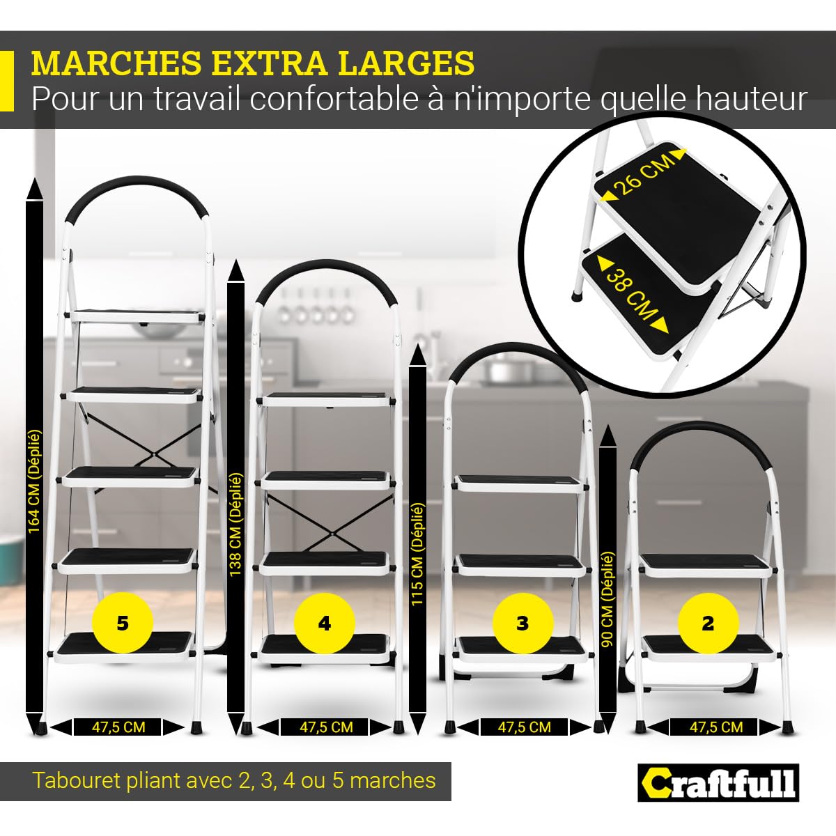 𝐂𝐑𝐀𝐅𝐓𝐅𝐔𝐋𝐋 Design de l’échelle Pliante CF-130A | 2 à 5 marches - Pliable - Jusqu’à 150 kg - Échelle ménagère - Échelle - Échelle à marches