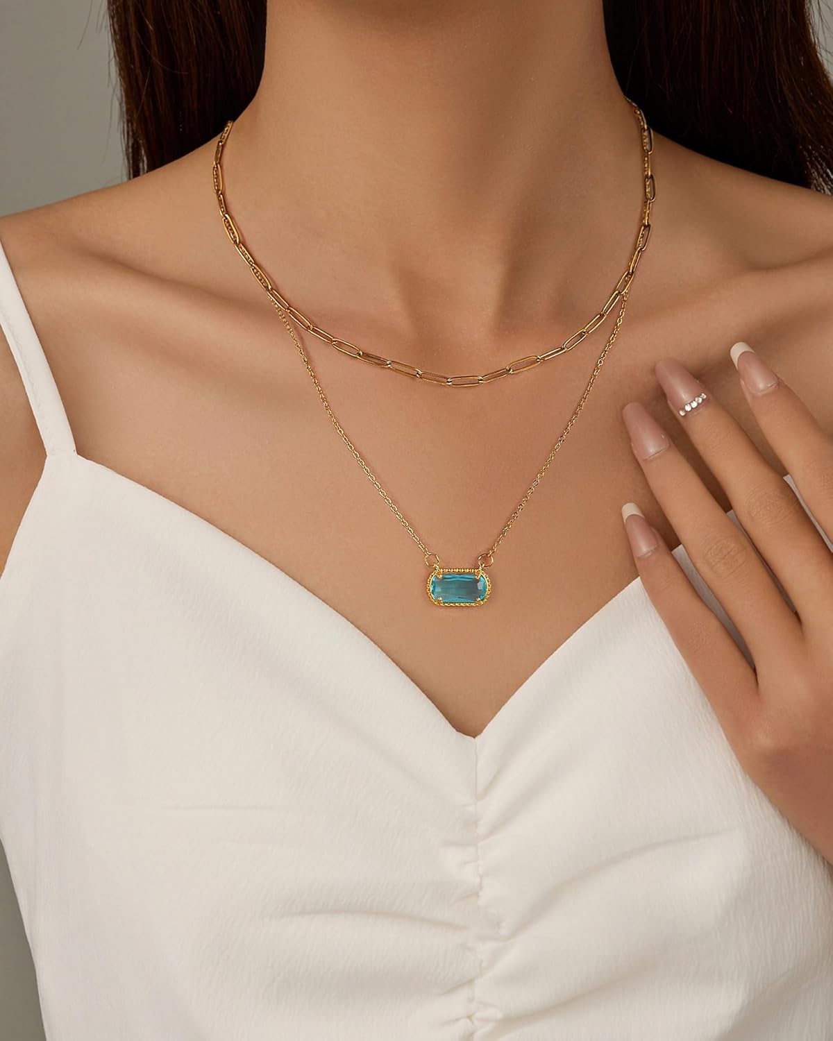 Lourny Gemstone Birthstone Pendant Layered Necklace for Women Trendy, 18K Gold Plated Paperclip Chain Preppy Choker Charm Necklace for Women Wife Jewelry - Image 3