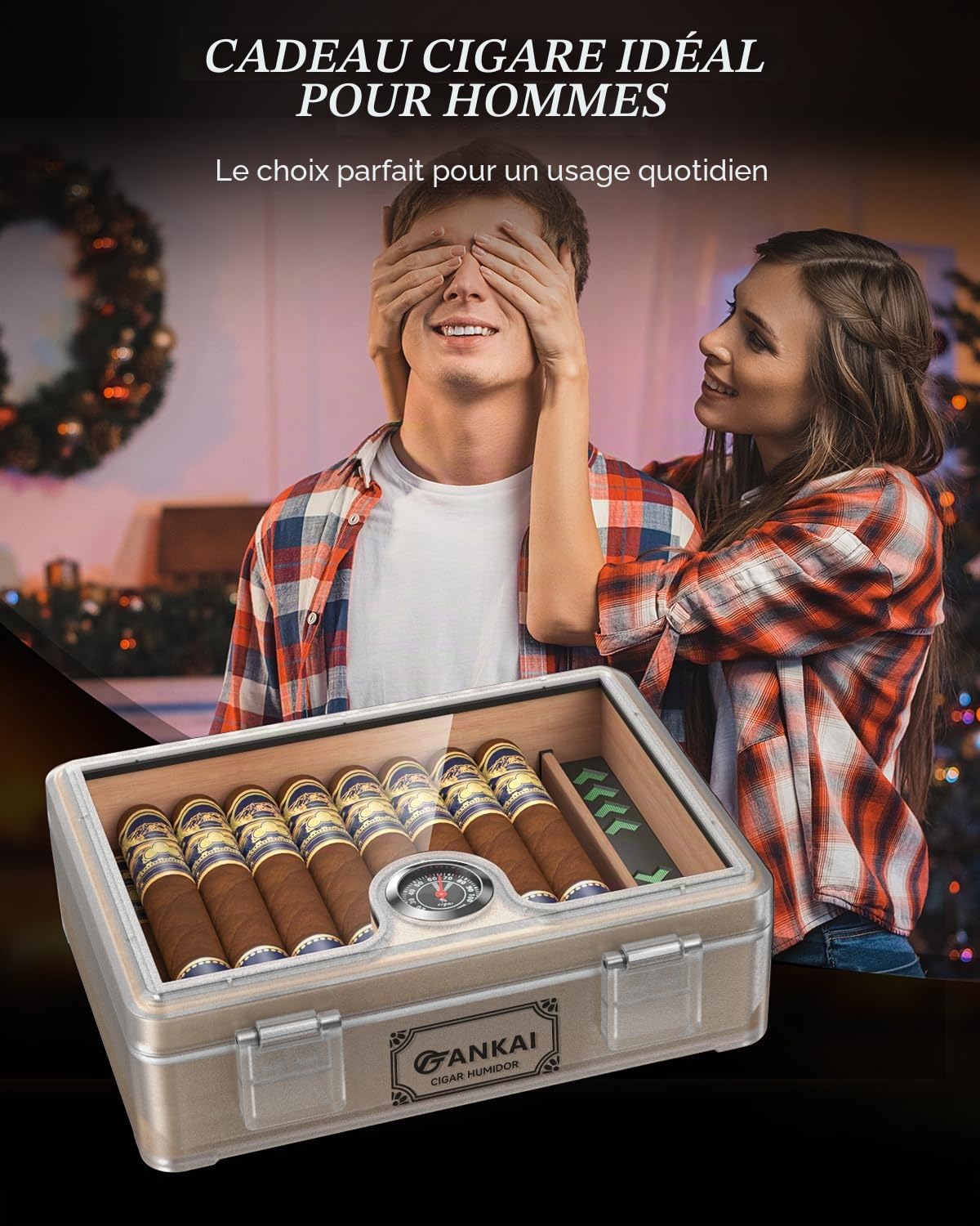 Cave à cigares, avec guillotine droite, coupe en V, perforatrice et support, étui à cigares en verre, doublure en bois de cèdre, accessoires humidificateur, hygromètre, coffret cadeau