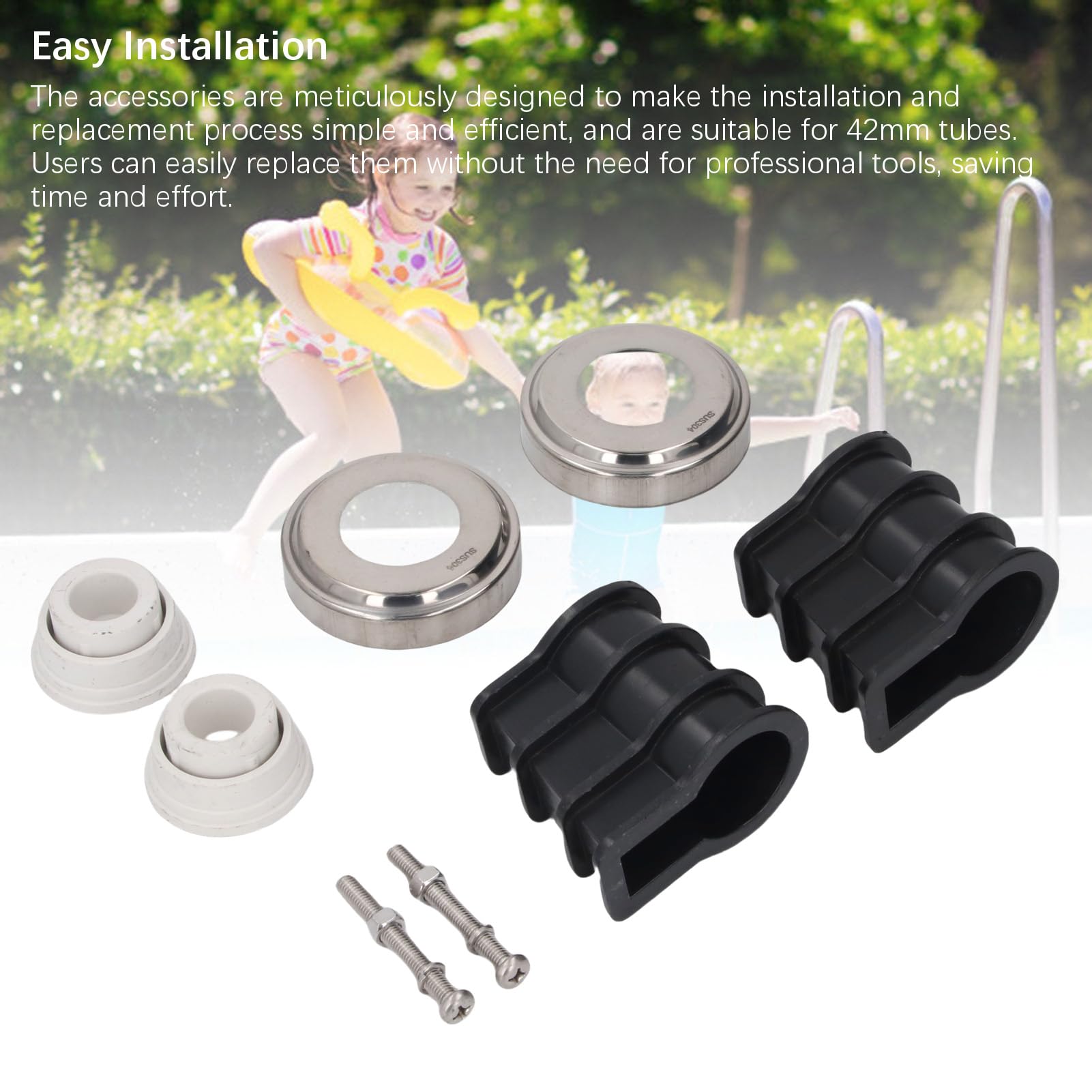 PolyGen Juego de Tuercas y Pernos para Escalera de Piscina con Cubiertas de Escudo para Tubos de 42 mm de diámetro, instalación Sencilla, Kit de Repuesto para Escalera de Piscina