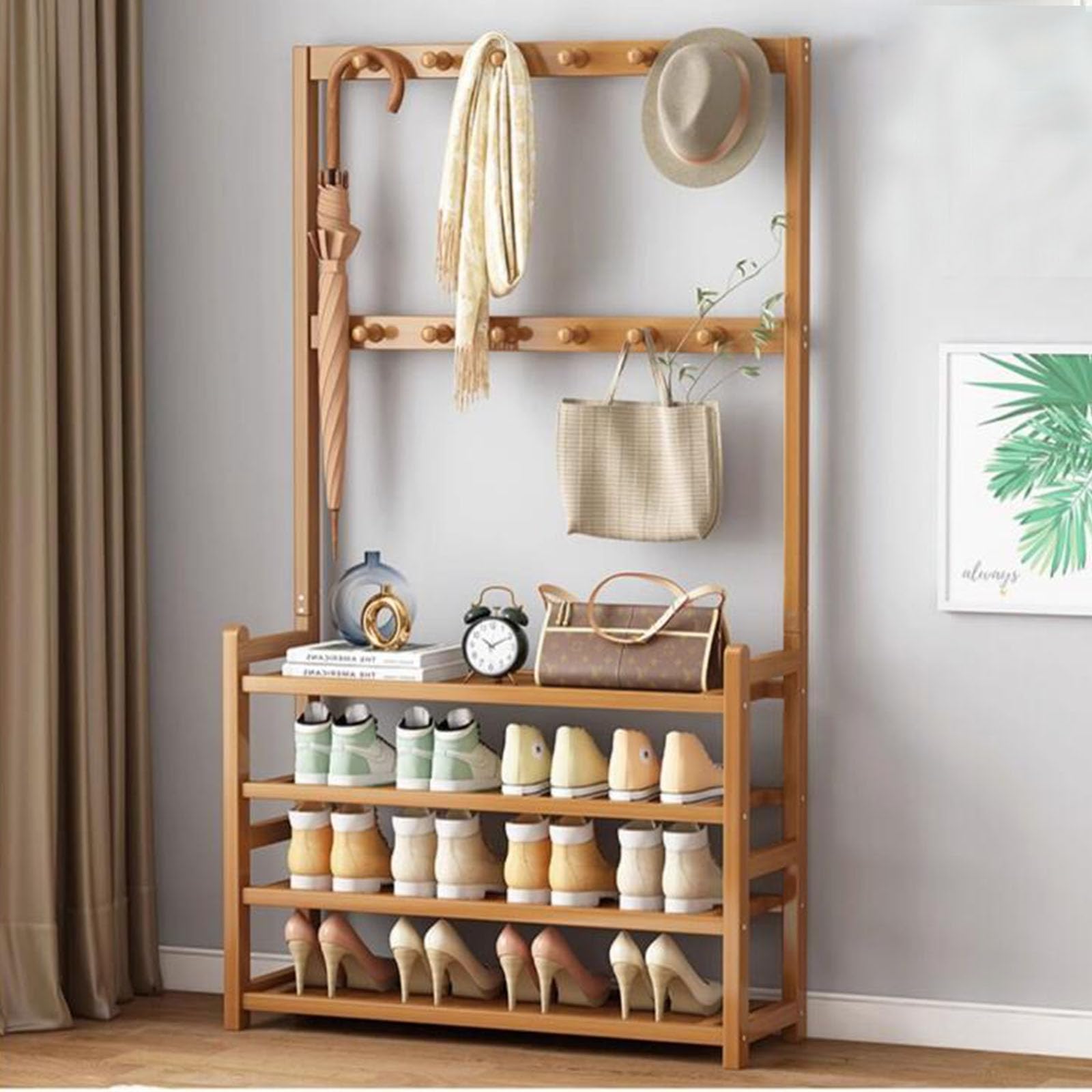 MYUYEE Coat Rack, Freestanding Coat Stand With Shoe Storage Bench, 3-In-1 Hall Tree With 12 Hooks & A Clothes Rail For Hallway Entryway Bedroom, Wooden Frame(4 Tier-W70Cm)