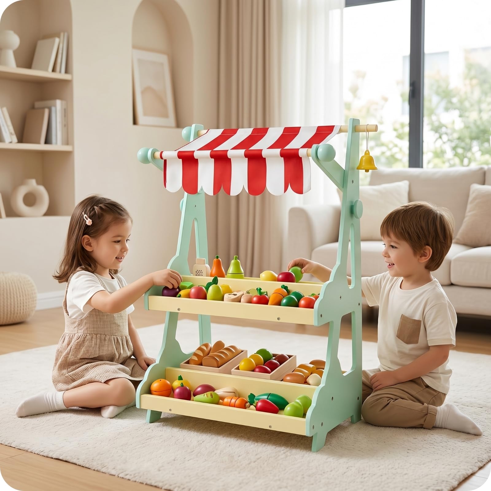 Qianly Verkaufsstand aus Holz mit Regalböden Spielmarktstand Stabil Kinderspielzeug für Lebensmittelspiel