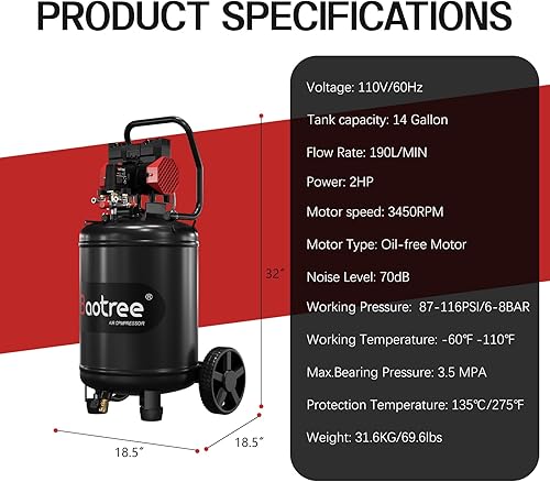Vista 5 de Compresor de aire ultra silencioso de 14 galones con dos acopladores rápidos, 2HP 8.75 CFM, tanque de compresor de aire sin aceite de presión máxima