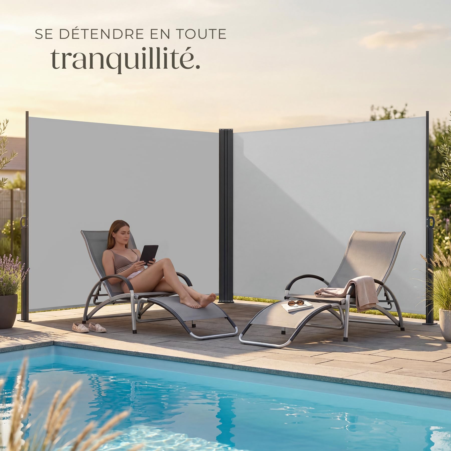 tectake® Store Latéral Double 180 x 600 cm, Résistant aux intempéries, Extensible avec mécanisme d'enroulement, Brise Vue Opaque, Protection Soleil et Vent, Tissu en Polyester Enduit - Gris