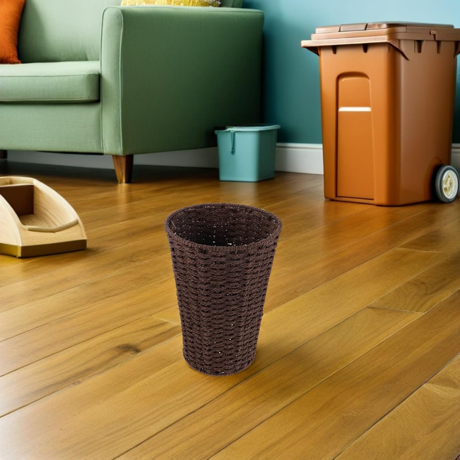 SHERCHPRY Woven Paper Rope Trash Can with Lid, Narrow Laundry Hamper and Bedroom Waste Basket, Brown Braided Storage Bin for Living Room, Bathroom, and Office Organization (19cm Opening X