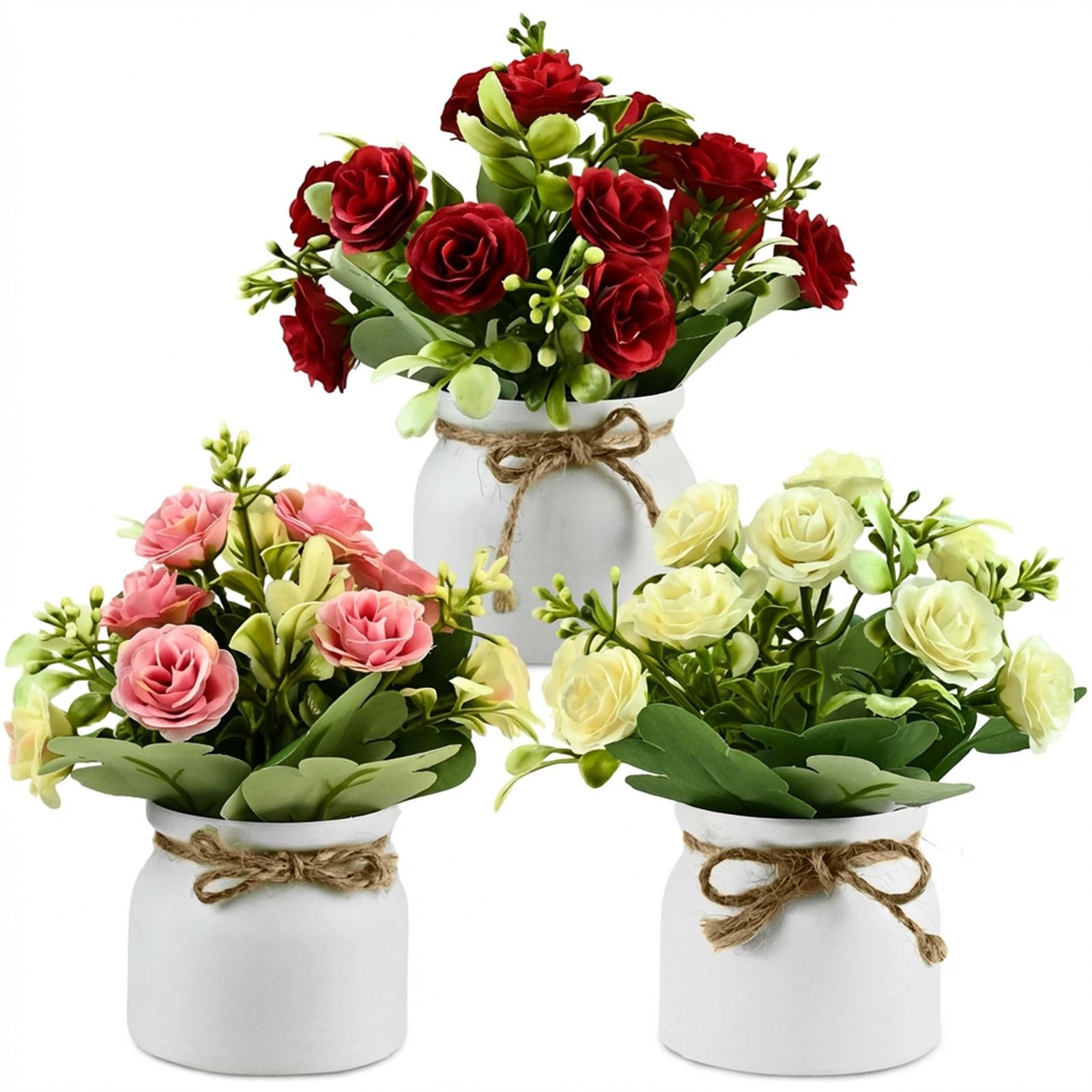 20 cm Artificial Roses in Pot 3pcs Set - Pink Artificial Flowers, Silk Rose Fake Flowers Spring Decoration Fake Roses with Pot for Bathroom Kitchen Office Home Kitchen Bathroom Decor White Pink Red