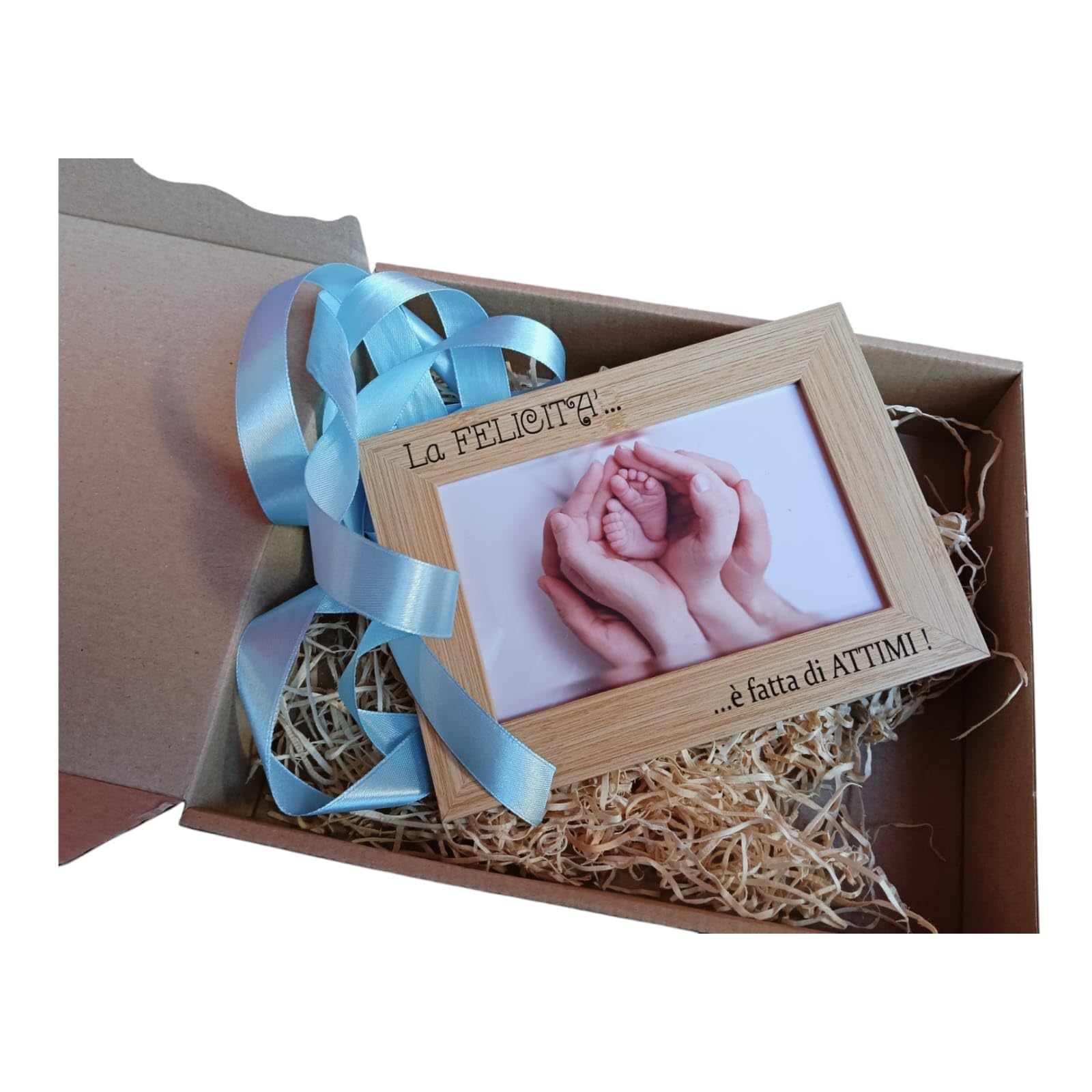 Bomboniere Battesimo Maschio Bomboniere Battesimo Bambina Cornice in Legno Naturale o Bianca Regalo Nascita in Scatola con Fiocco Regalo Neonato con Incisione Frase Felicità13x18 cm (15 pezzi)