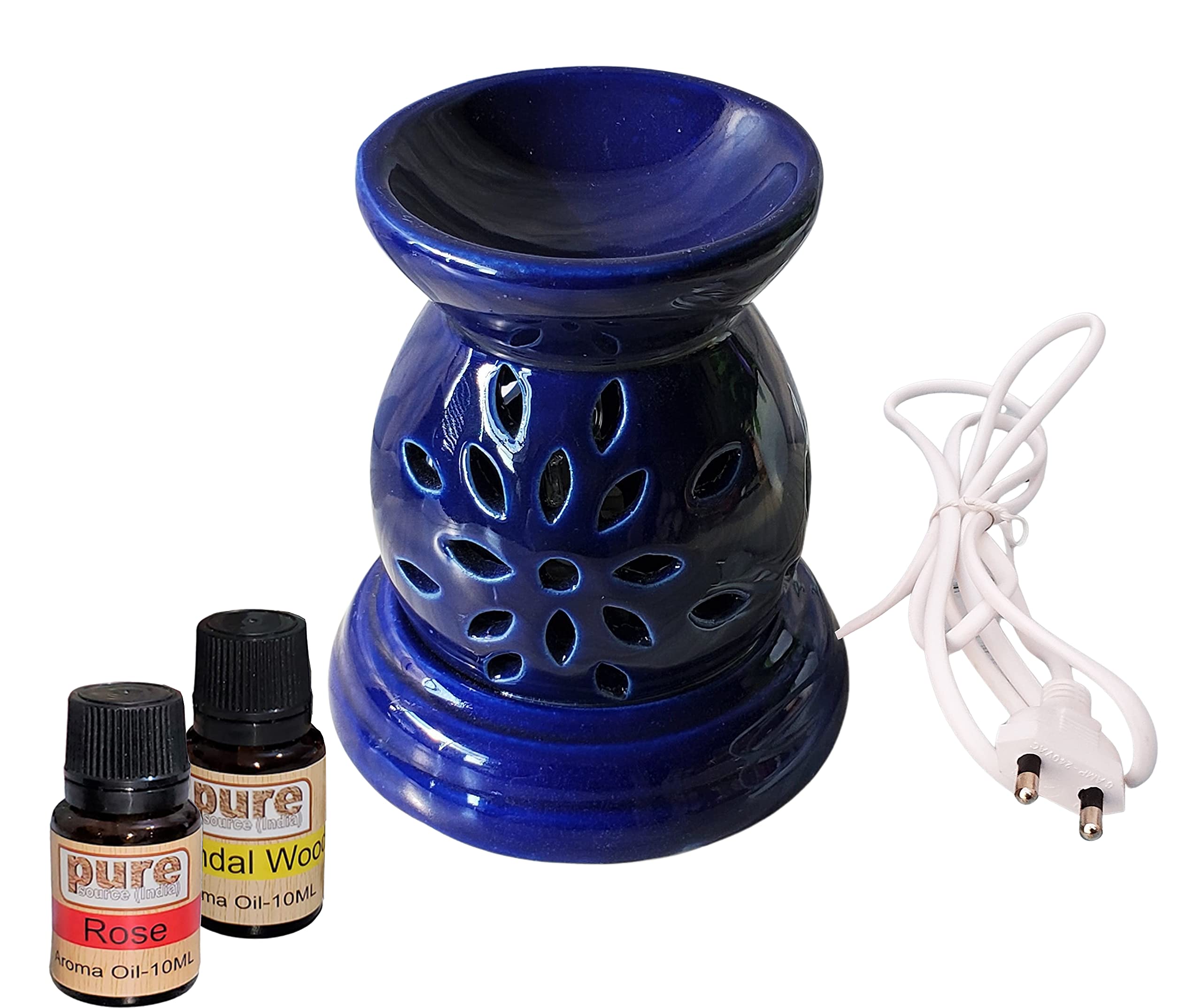 Pure Source IndiaPure Source India Ceramic Electric Aroma Diffuser Matka Shape Oil Burner with Bulb (Blue - with 10 ml Rose and Sandal Aroma Oil)