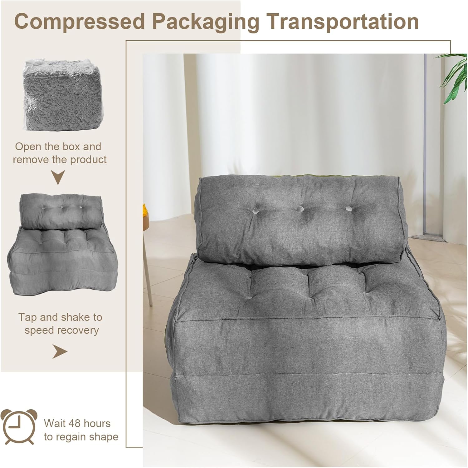 YOSHOOT Folding Couch Sofa Bed, Convertible Sleeper Chairs with Back Support, Foldable Futon Mattress with Pillow, Portable Fold Out Chair Bed Floor Mattress Floor Couch for Living Room,Grey