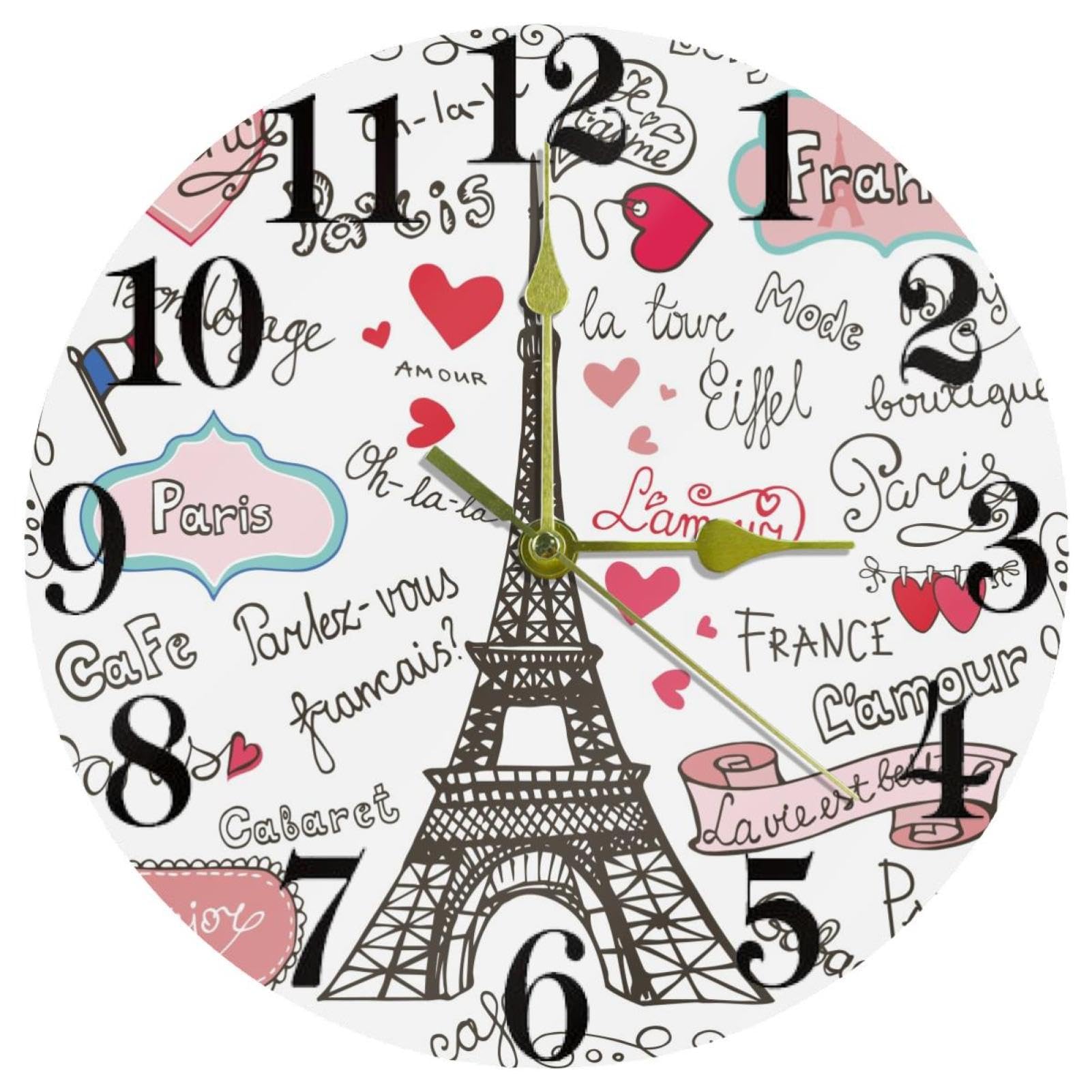 Horloge murale de voyage française Bonjour Paris ronde à quartz et silencieuse