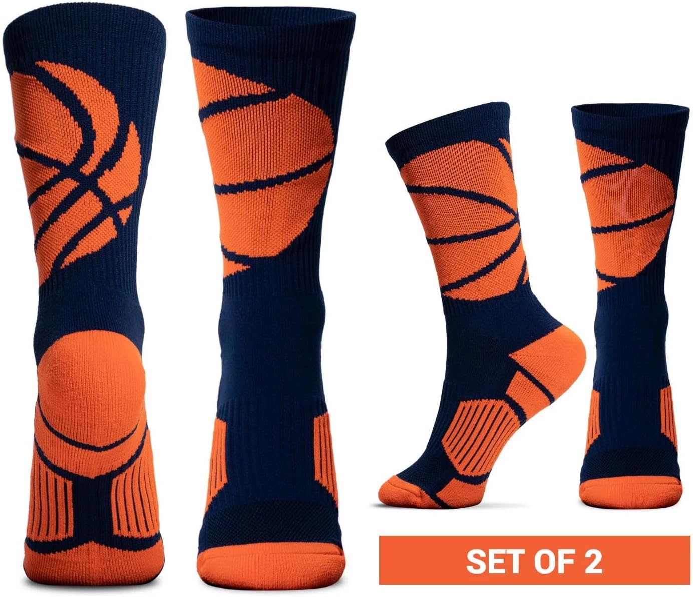 ChalkTalkSPORTS Basketball Performance Crew Socks - Navy & Neon Orange - Pack of 2 - Basketball Mid-Calf Socks - Adult