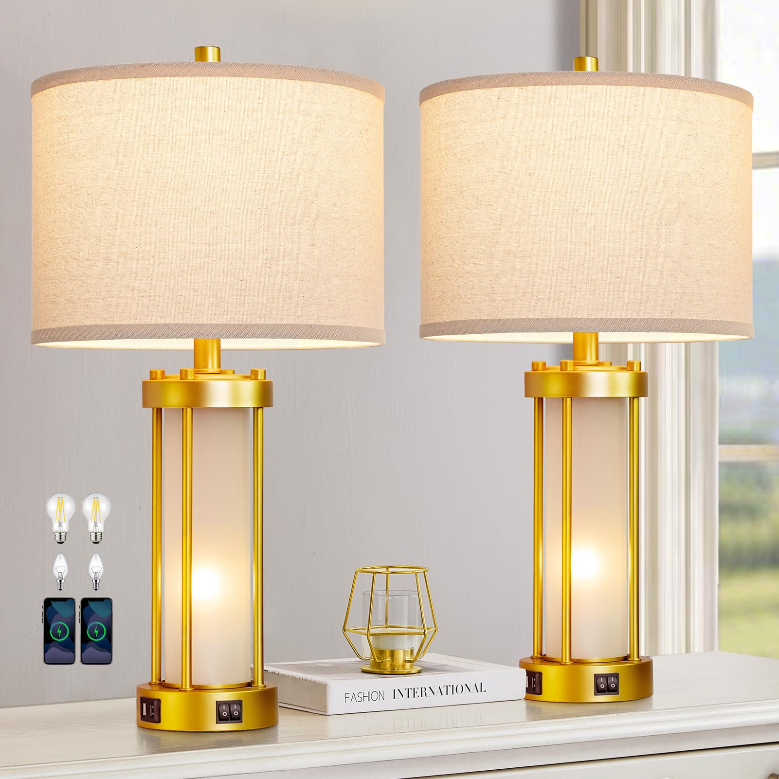 RORIA Modern Table Lamps for Living Room Set of 2, Farmhouse Bedroom Lamps for Nightstands with Dual USB Ports, Gold Bedside Lamps with White Frosted Glass Nightlight, 4 Bulbs Includes (Gold)