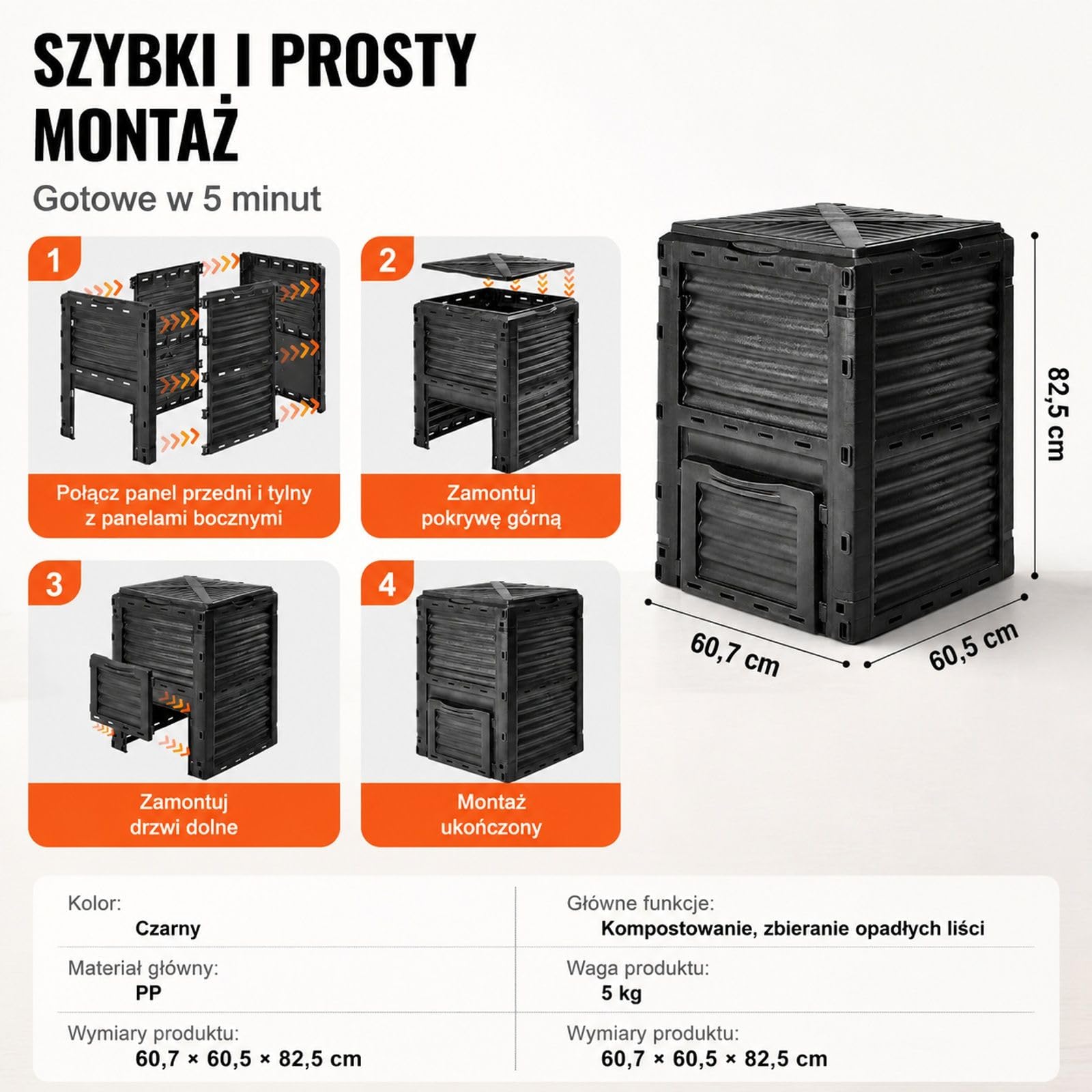 Kompostownik ogrodowy 300 L, czarny pojemnik PP z gorną pokrywą i dolnymi drzwiczkami do ogrodu