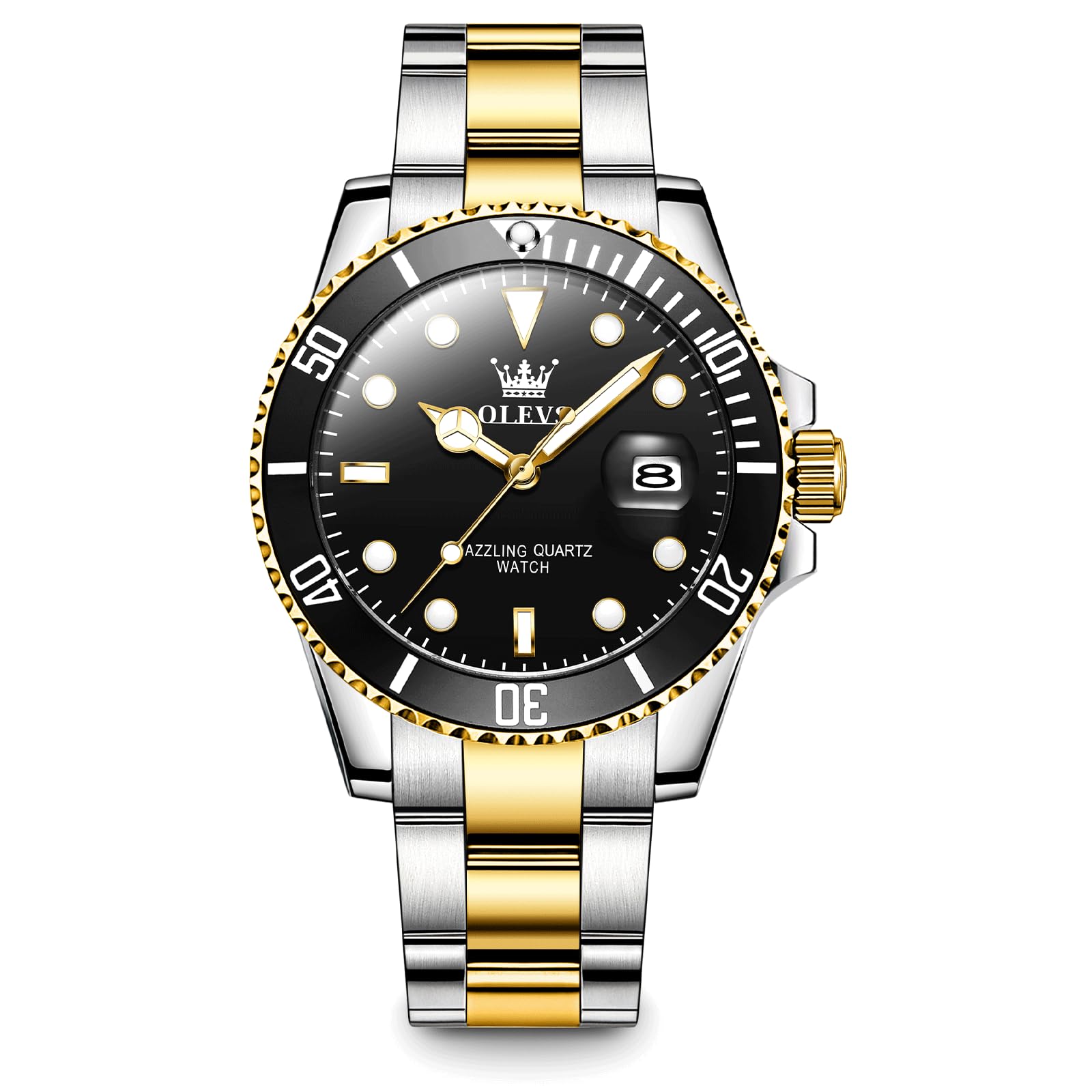 OLEVSMen's Stainless Steel Watch, Big Face Easy to Read Analog Quartz Dress Watches, Classic Rotating Bezel Waterproof Luminous Hands Date Mens Wristwatch