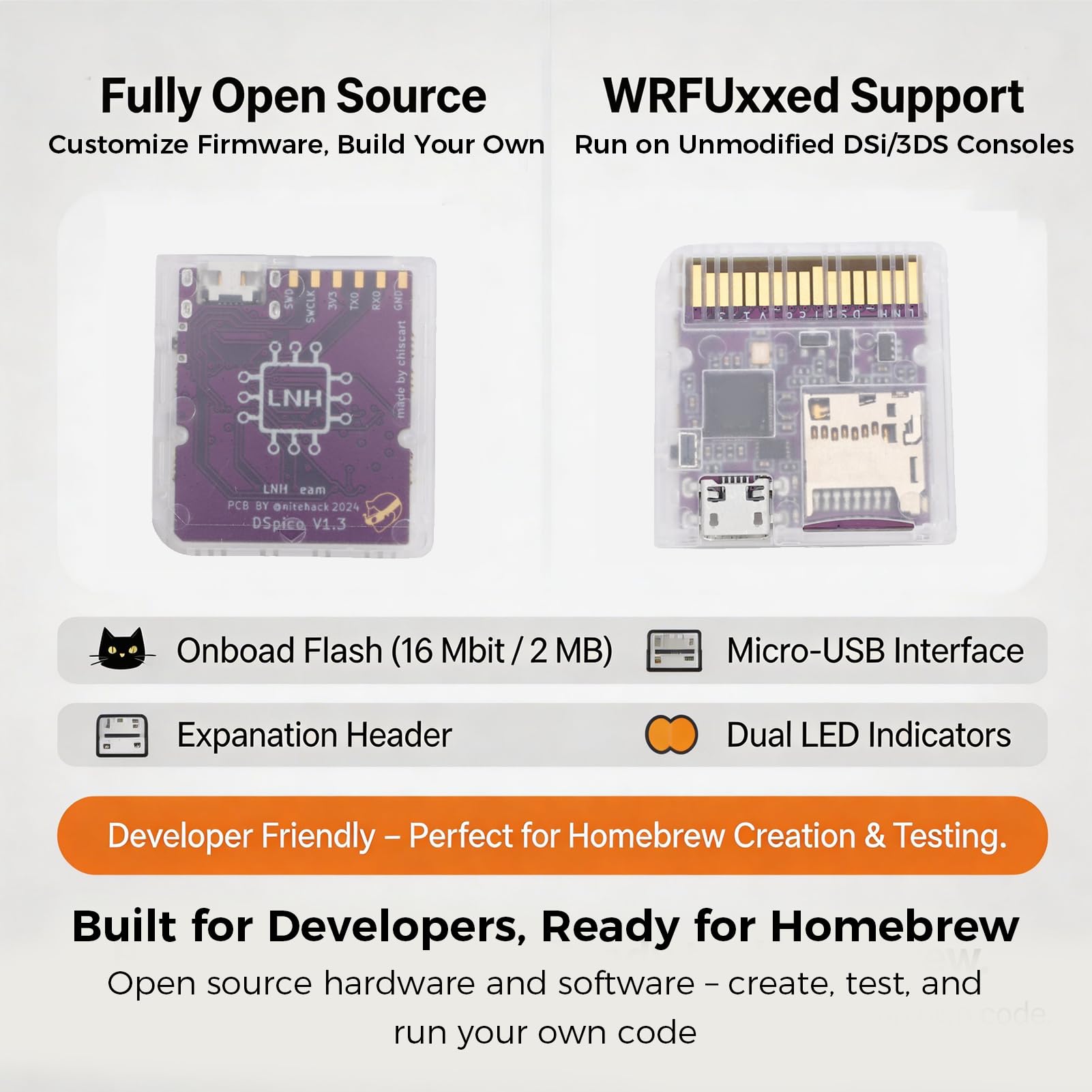 Plyisty Carte Flash DSPico DS pour NDS NDSL DSi 3DS 2DS, alimenté par MCU RP2040, Cartouche de Jeu Open Source de Mise à Niveau R4 6 Mo/s, Mode DS et Prise en Charge du Lanceur Pico