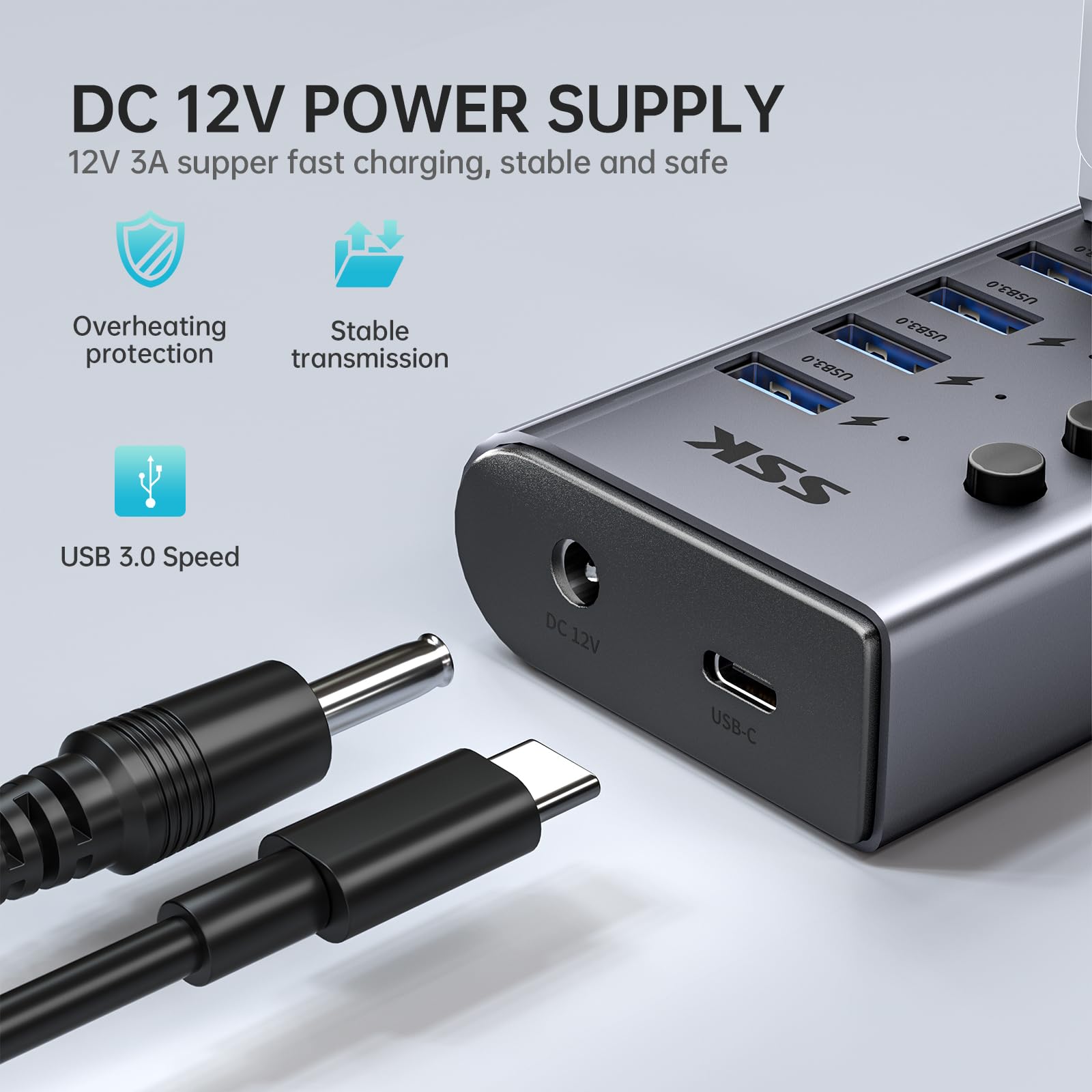 SSK 7-Port Powered USB 3.0 Hub, Aluminio Divisor de Extensión USB con interruptores de alimentación Individuales y Leds, 5Gbps de Datos USB Hub de Carga con DC12V3A Adaptador y 3.93ft Cable Largo