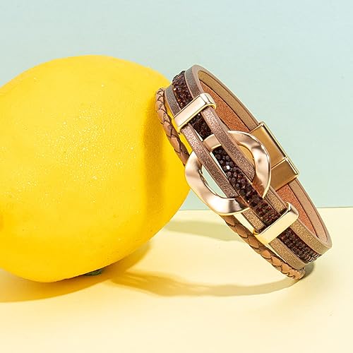 Miniatura 4 de FANCY SHINY Pulsera de cuero con diamantes de imitación circular, apilable, multicapa, con cierre, joyería bohemia, regalo para mujer