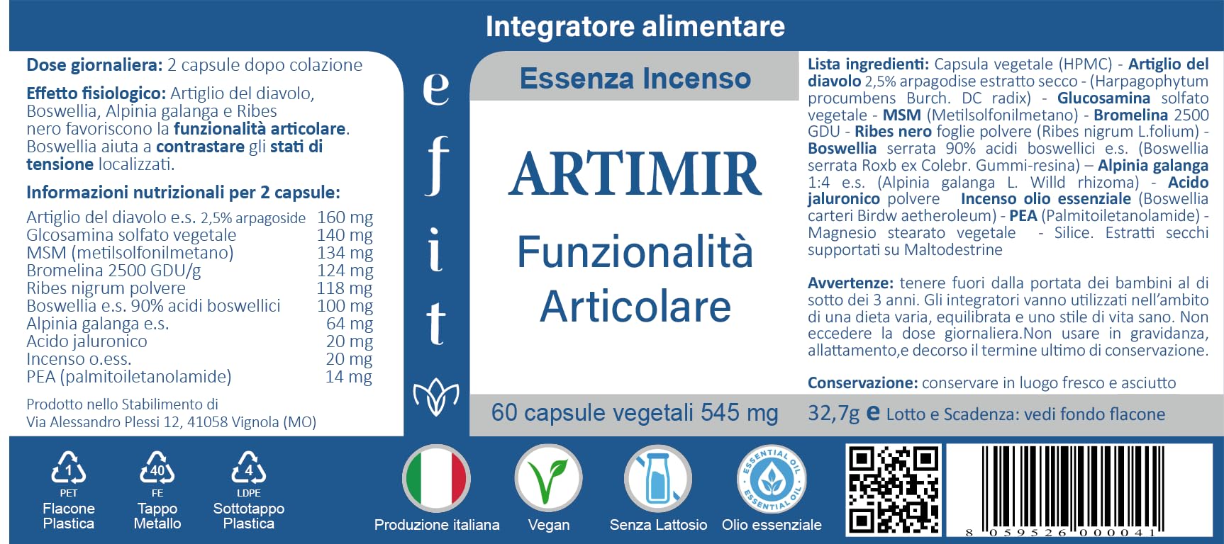 EFIT ARTIMIR Glucosamina MSM Acido Ialuronico - Integratore Articolazioni Alto Dosaggio con Boswellia Artiglio Diavolo Bromelina - Supporto Cartilagine Ossa Tendini - 60 Capsule Made in Italy
