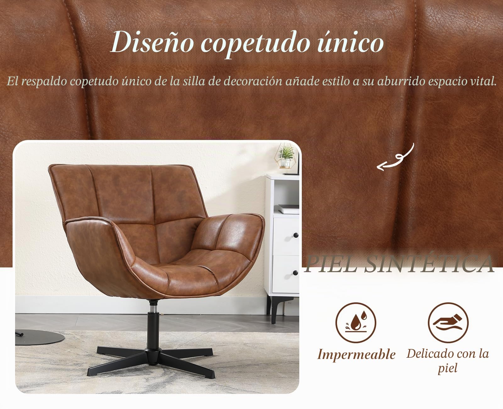Sillón de cuero giratorio, moderno acento tapizado silla de baño silla de baño para sala dormitorio maquillaje salón marrón