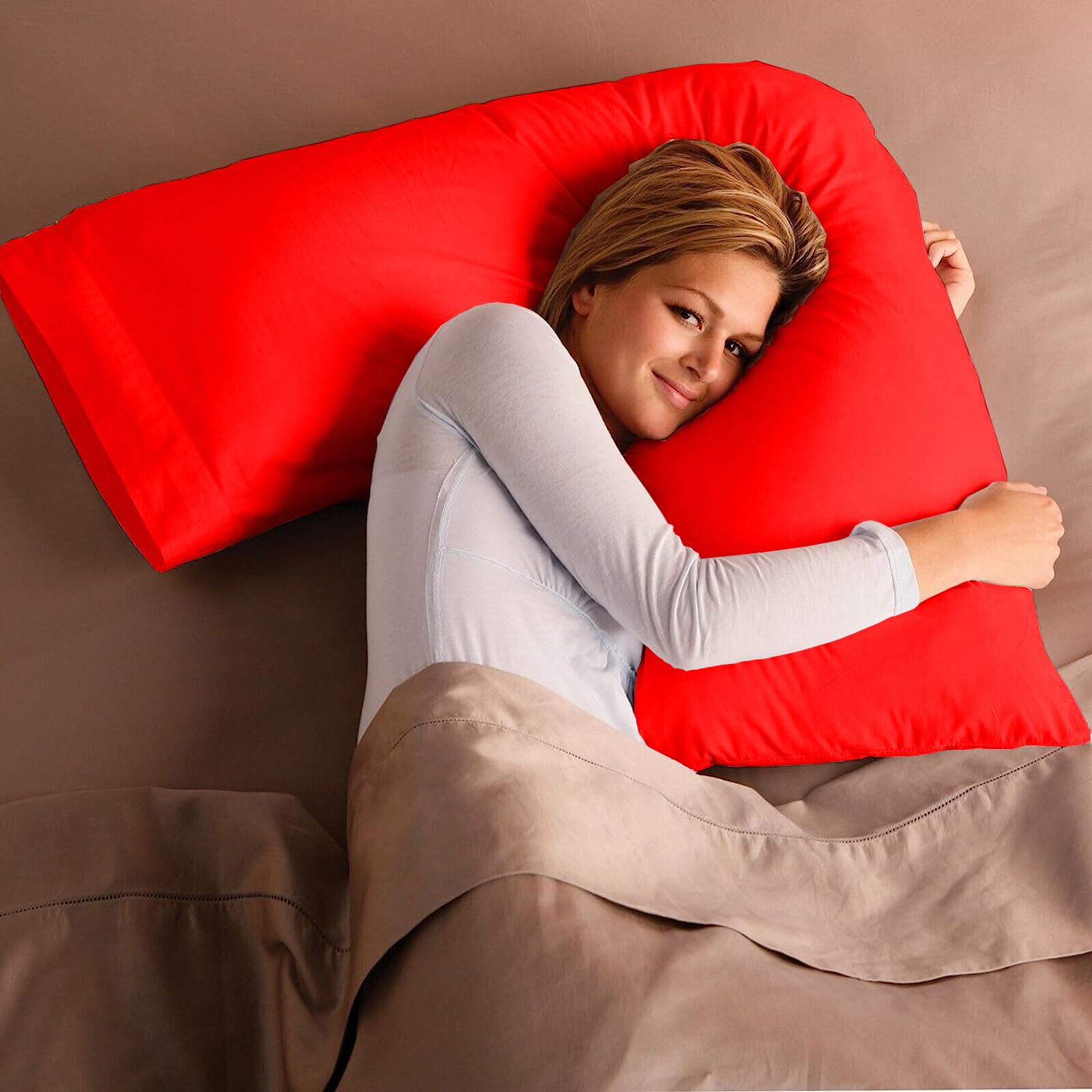 Adam Home V Pillow with Red Pillowcase Extra Filled Hollow Fiber for Neck Support, Orthopedic, Maternity Pregnancy & Nursing Super Soft & Comfortable V shaped Pillow with Pillowcase — image 1