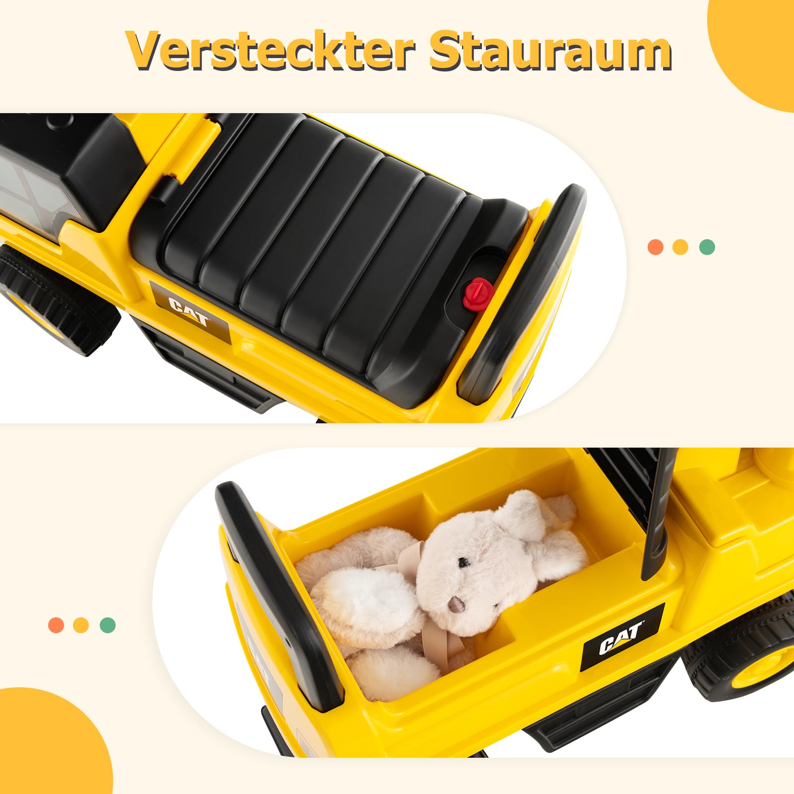 DREAMADE Sitzbagger, Bagger mit Lenkbarer Schaufel & Hupe, Rutschauto mit Stauraum unter Sitz, Aufsitzbagger mit Anti-Rutsch-Rädern & Anti-Rollover-Vorrichtung für 1-3 Jahre (Bagger)