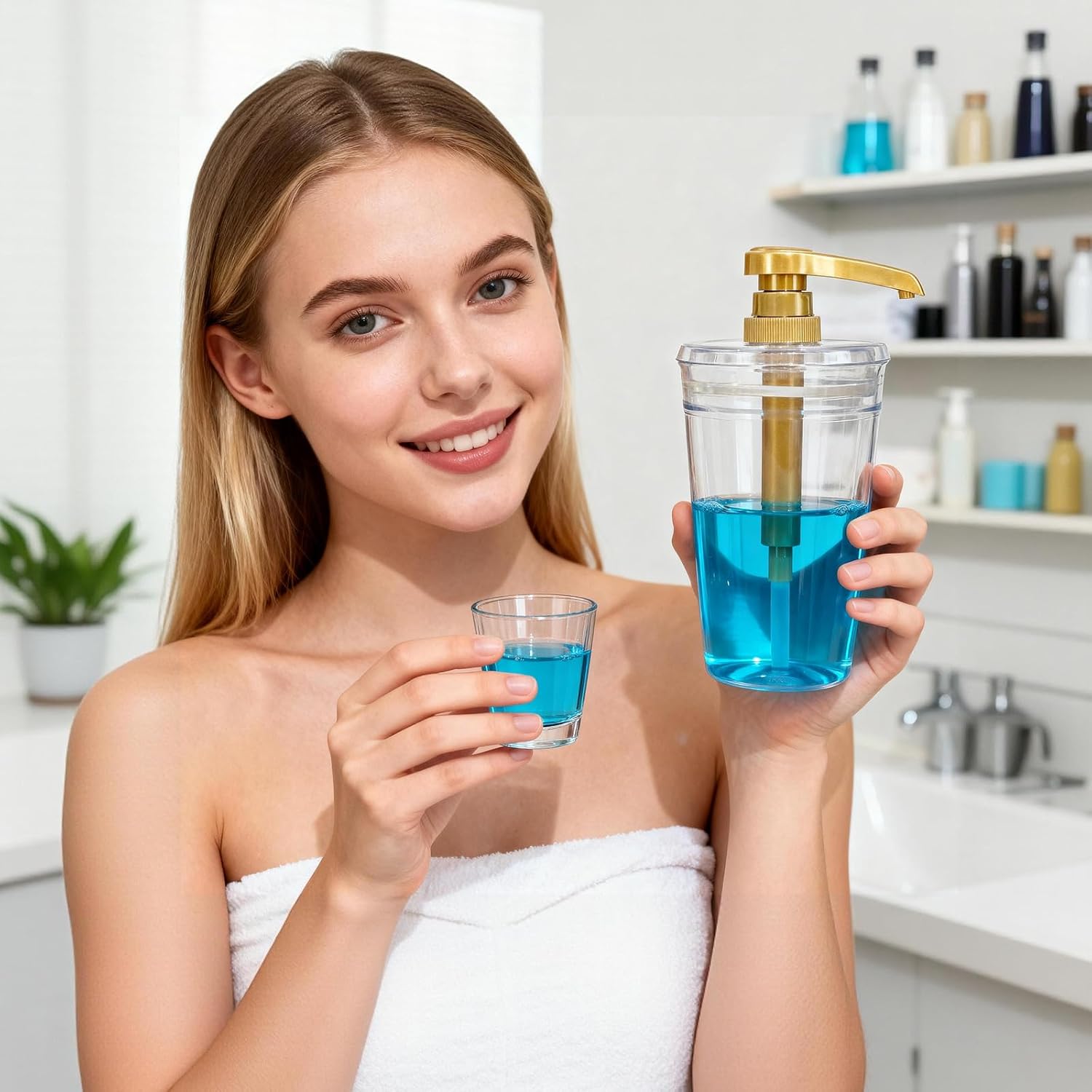 16oz Clear Mouthwash Dispenser with Pump Glass Cup, Mouthwash Container Set with Tray for Bathroom Organizer, 2 Pcs Large Opening Easy to Fill Dispenser Bottle for Mouth Wash Syrup Lotion