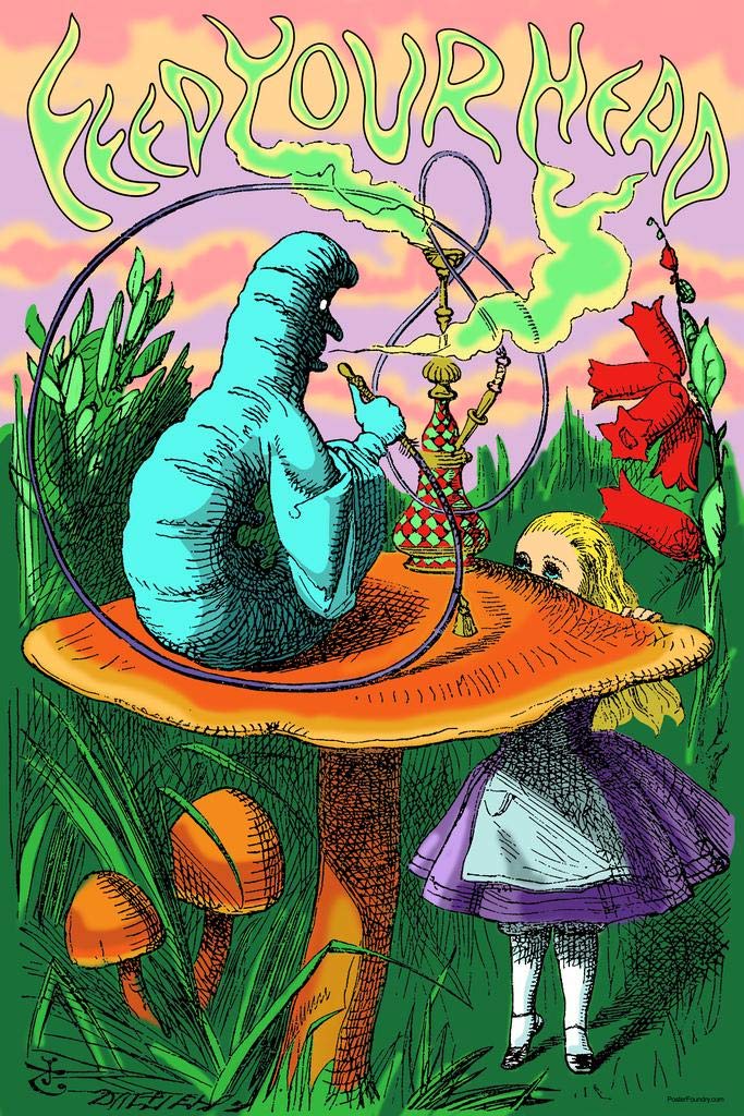 Alice in Wonderland Go Ask Alice Caterpillar Smoking Hookah Retro Vintage Psychedelic Trippy Aesthetic Indie Room Decor Stoner Room Decor Mushroom Poster Cool Wall Art Print Poster 24x36