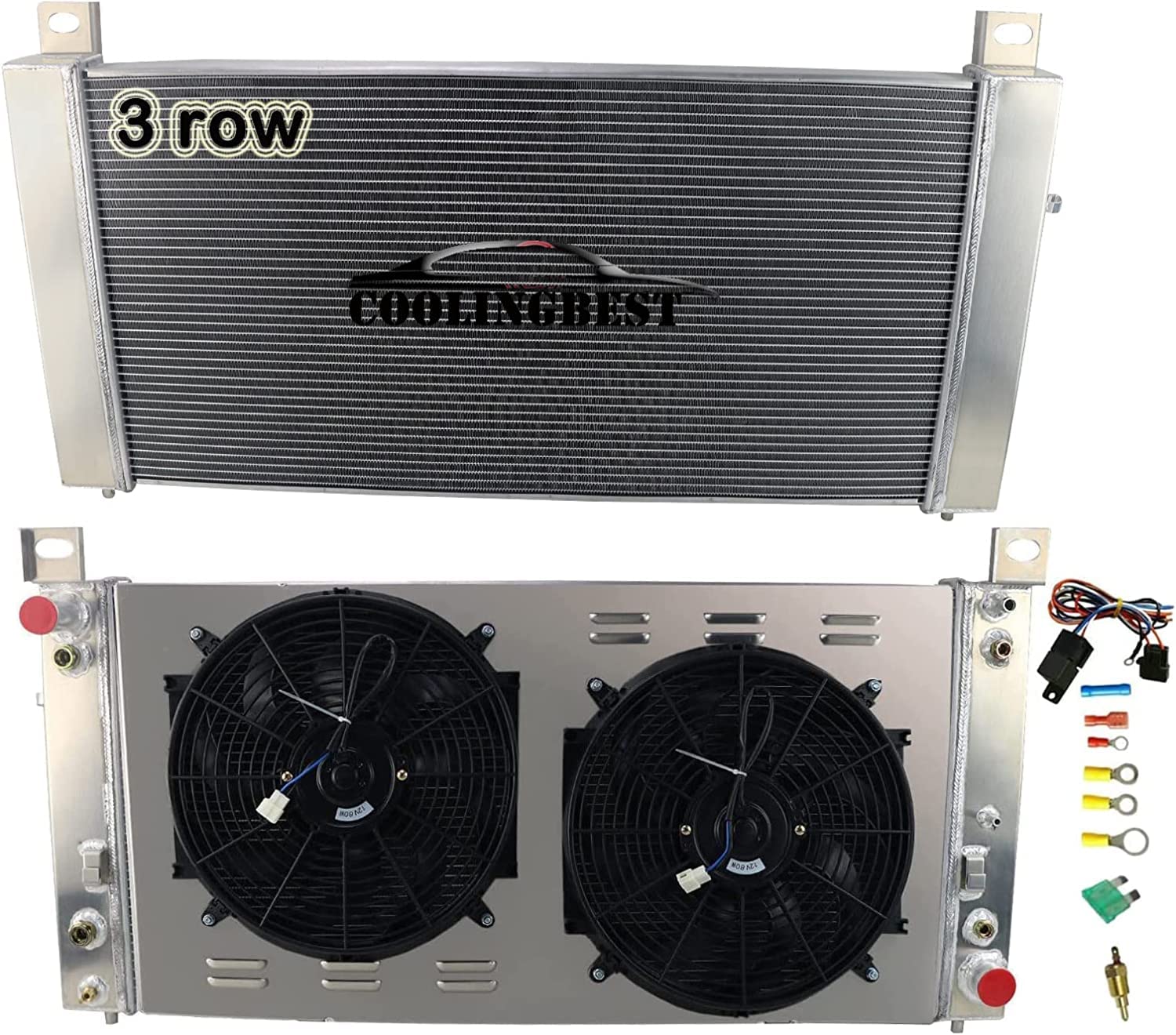 34 Inch Aluminum Radiator for Chevy Avalanche Tahoe Silverado Suburban 1500 2500 3500 HD, GMC Yukon XL Sierra, Hummer H2, Escalade 1999-2014,3 Row Radiators Fan Shroud Thermostat Kit Combo