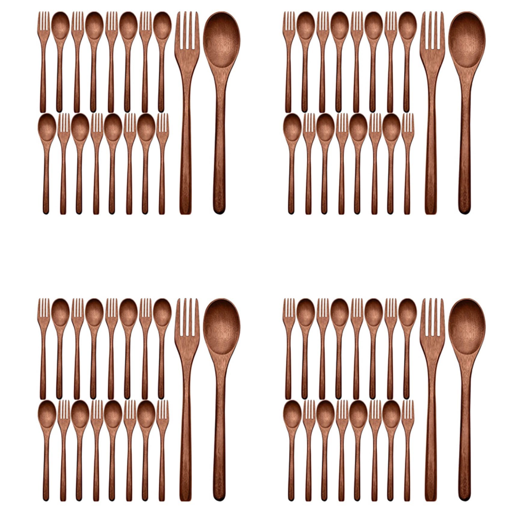 Hndhbfgrt 64Pcs Wooden Spoons Forks Set Including Wooden Spoons and Wooden Forks Japanese Wooden Utensil Set Reusable Handmade