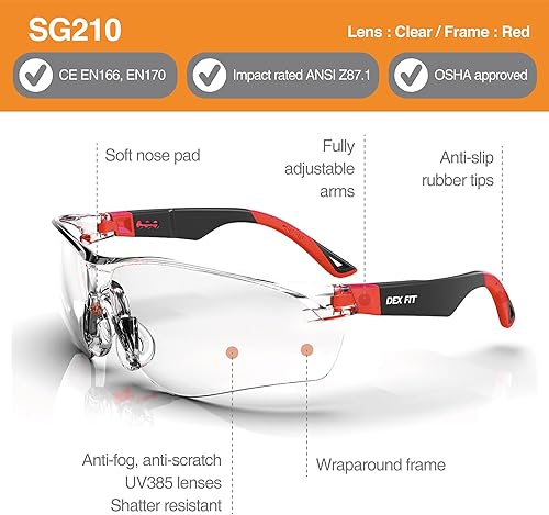 Miniatura 20 de DEX FIT Gafas de seguridad SG210, Z87, protección ocular, 3X antivaho y resistentes a los arañazos, ajustables para mujeres y hombres, protección UV