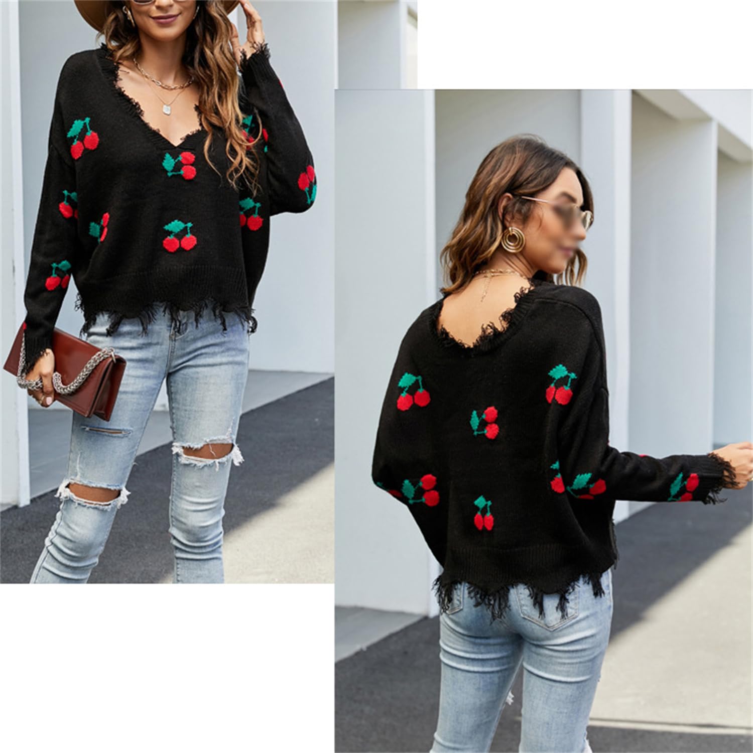 Strickpullover Damen Zerrissene Kurz Pullover Langarm V Ausschnitt Oberteil Loose Feinstrick Pulli Y2K Jumper mit Blumenmuster Quasten Strickpullover Streetwear