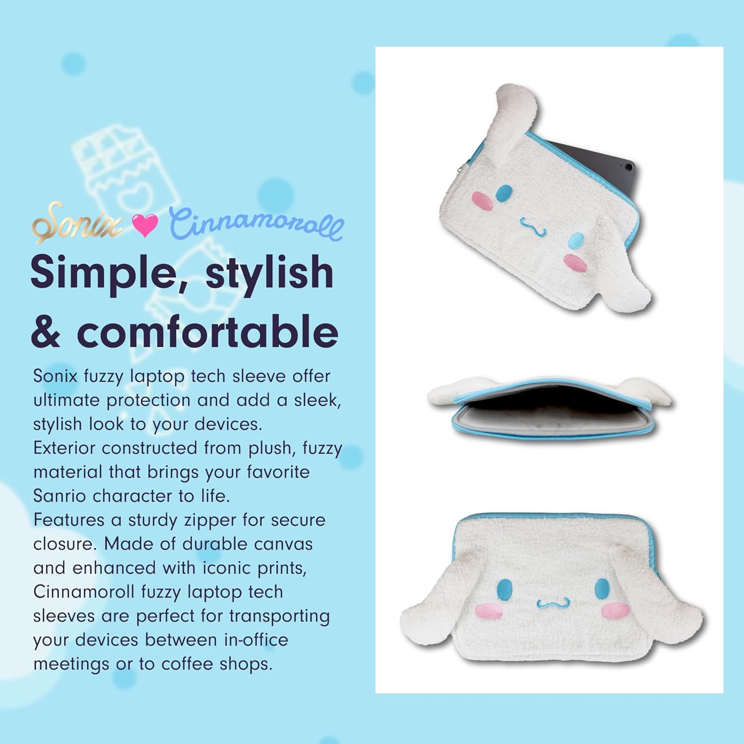 Sonix x Sanrio Plush Tech Sleeve | 11 inch Fuzzy iPad Tablet Pouch Carrying Case Cover, Protective Travel Bag | White - 11" | Cinnamoroll