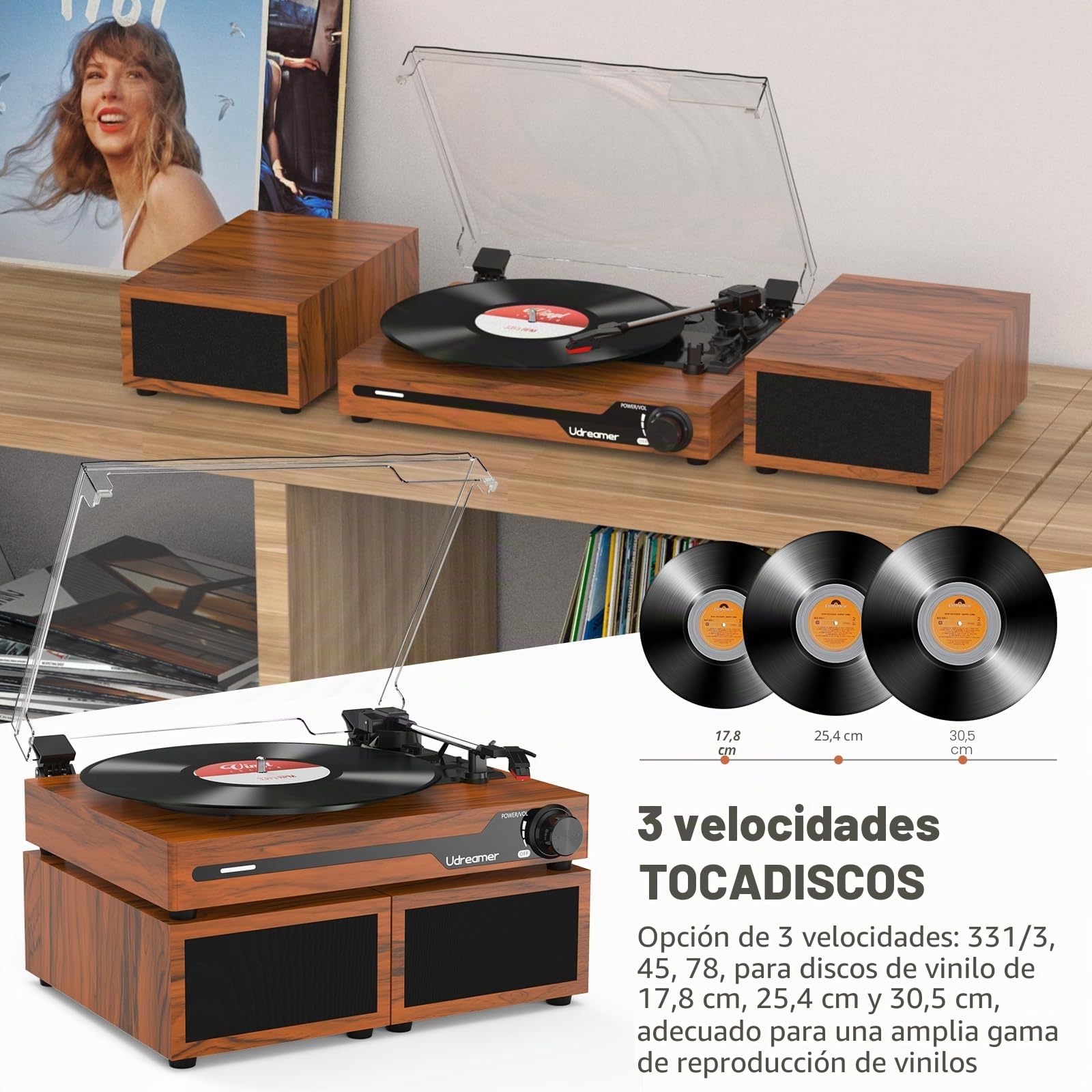 Udreamer Tocadiscos con 2 Altavoces Estéreo Duales, Vintage Tocadiscos con Bluetooth 5.3 Compatible 3 Velocidades, Entrada Auxiliar, Línea RCA, USB, Reproducción Inalámbrica, Marró