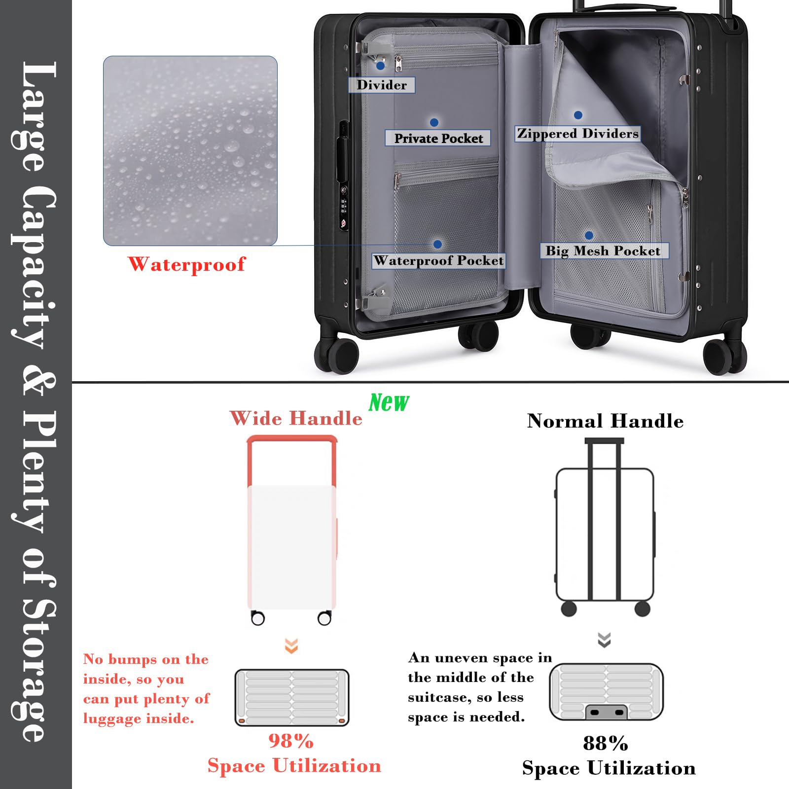 Sea choice Maleta con Ruedas y Compartimento para Ordenador portátil Maleta de Mano Maleta rígida para Ordenador portátil Maleta de Viaje Puerto USB Cerradura TSA 4 Ruedas