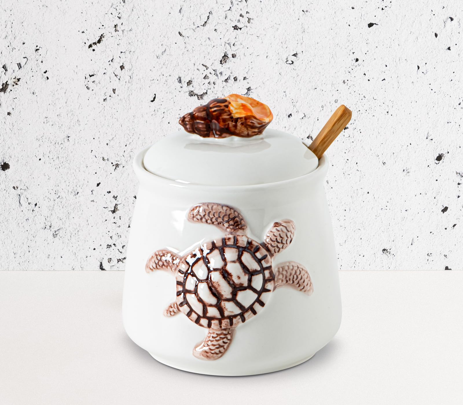 dgudgu Azucarero de tortuga con tapa, tarro de azúcar de cerámica con tapas de caracola, contenedor de azúcar con cuchara, plato de azúcar blanco con tapa y cuchara, soporte para azúcar