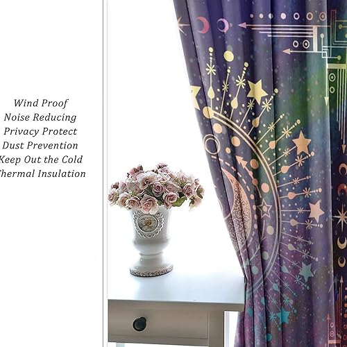 Miniatura 6 de Cortinas opacas con mandala indio para dormitorio, estilo bohemio, sol, luna, hippie, teñido anudado, neón, con ojales, aislamiento térmico, para