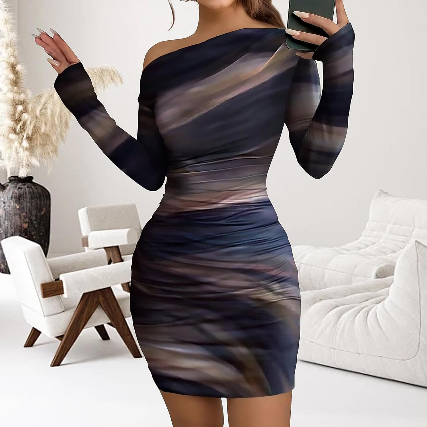 Women's Long Sleeve Bodycon Mini Dress Tie Dye Print Slim Fit Asymmetrical Neck Elegant Formal Ruched Short Dresses - Image 3