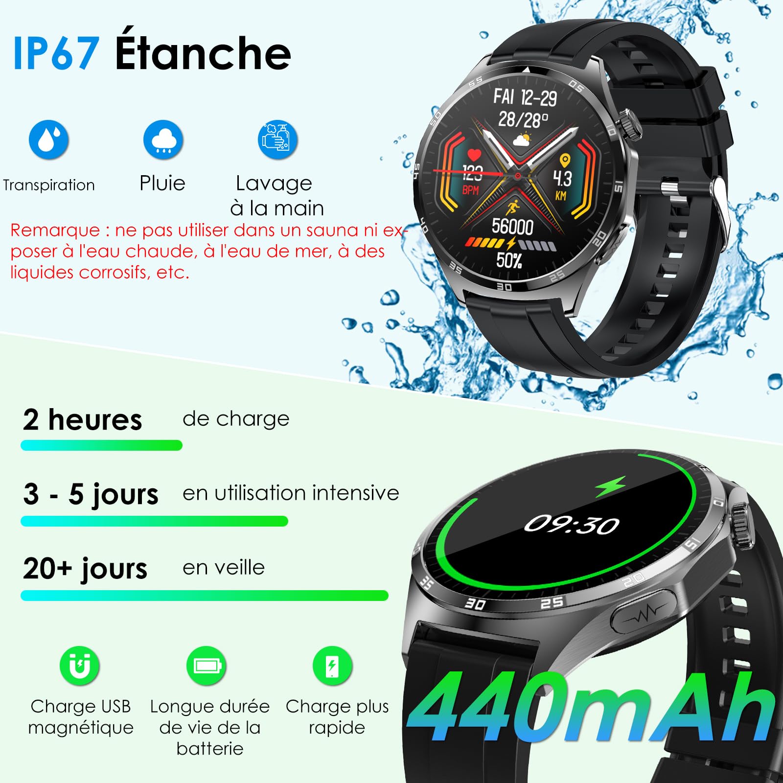 Montre Connectée Homme avec ECG/Sommeil/Tension Artérielle/Modes Sportifs | 1,43" Smartwatch Santé,Montre Sport,24H Fréquence Cardiaque/SPO2/Température Corporelle,Appel Bluetooth/SOS,Pour Android/iOS