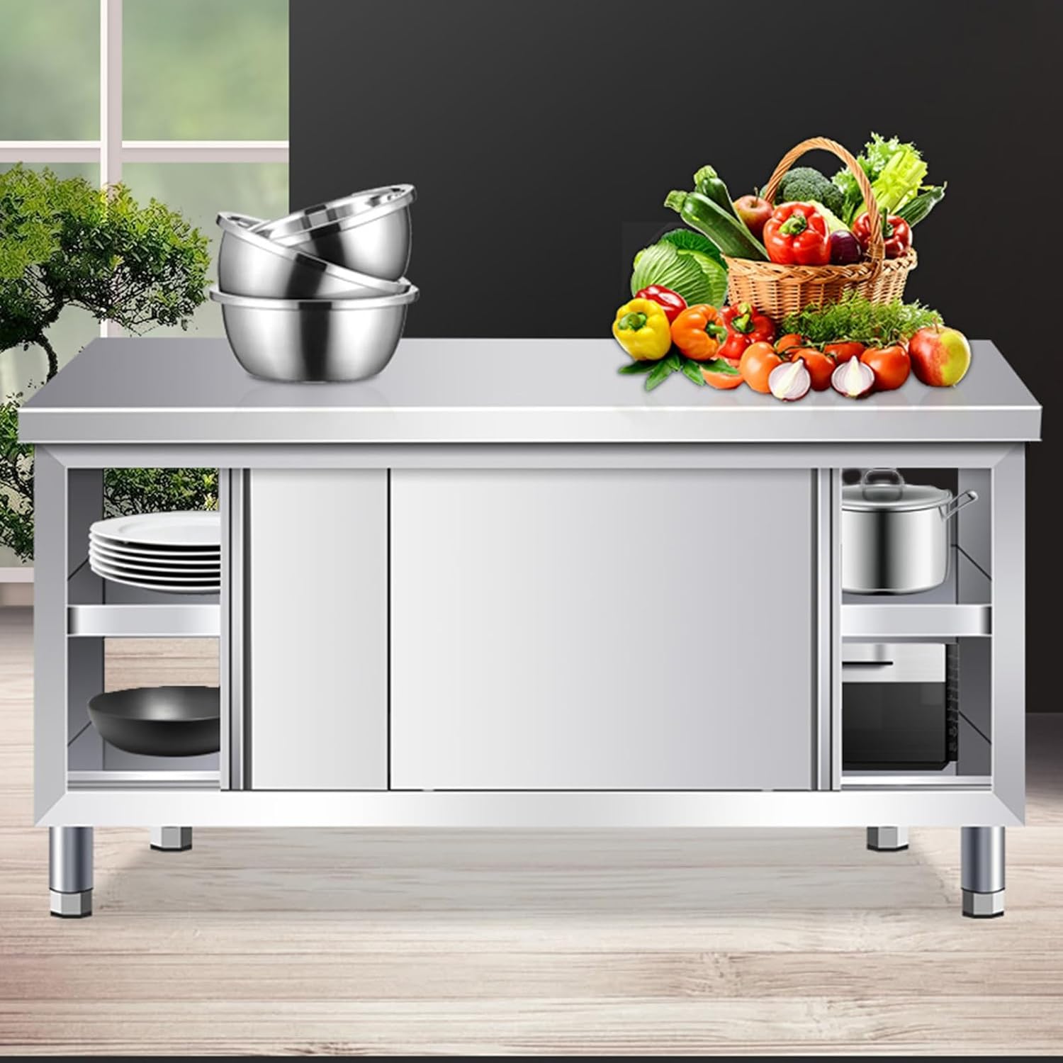 Double Pass Sliding Door Workbench Stainless Steel Kitchen Prep Table Chopping Table Large Space Storage Cabinet Sturdy Commercial Metal Table Water Proof and Rustproof Sturdy and Stable