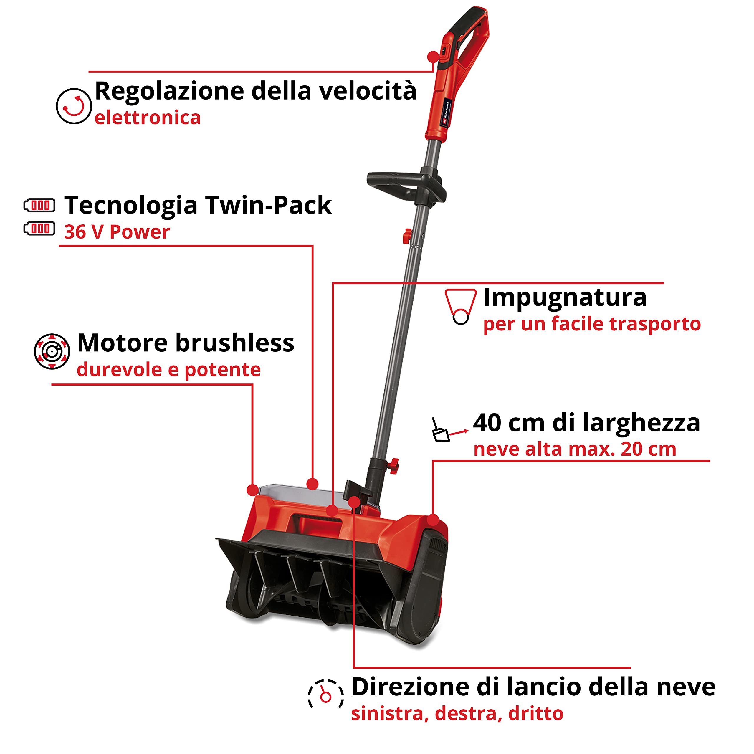 Einhell Fresa spazzaneve a batteria GE-ST 36/40 Li E-Solo Power X-Change (ioni di litio, 36 V, larghezza di lavoro 40 cm, altezza neve max. 20 cm, senza batterie e caricabatteria)