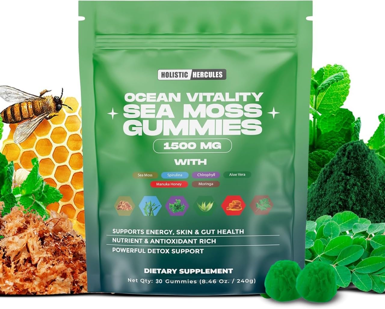 Holistic Hercules Sea Moss Gummies | Non-GMO | 100% Organic | Sea Moss Spirulina Aloe Vera Moringa Manuka Honey Chlorophyll Ashwagandha | No Added Sugar | 30 Count 1 Count (Pack of 30)