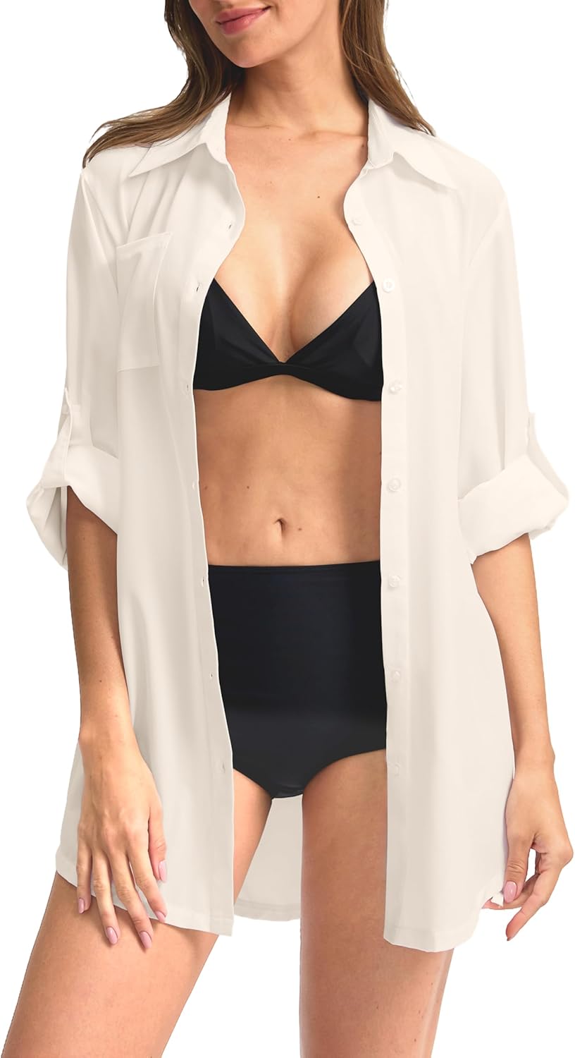 Women's UPF 50+ Long Sleeve UV Sun Protection Shirts Fishing Hiking Button Down Dress Shirt Swim Cover Up for Women