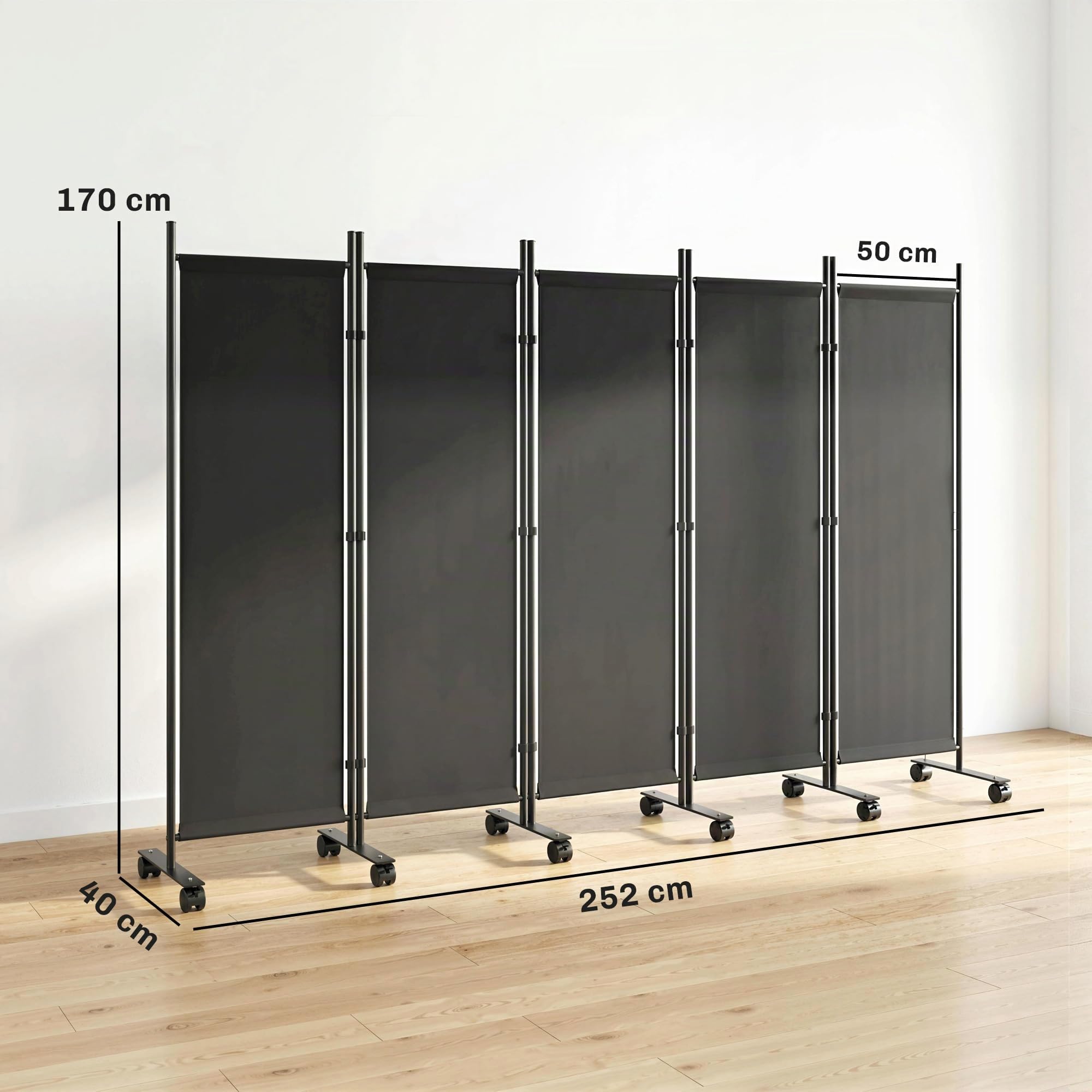 Outsunny Biombo Plegable de 5 Paneles con 12 Ruedas 252x170 cm Negro | Biombo Separador de Ambientes, Clips de Conexión, Montaje Personalizado, para Salón u Oficina
