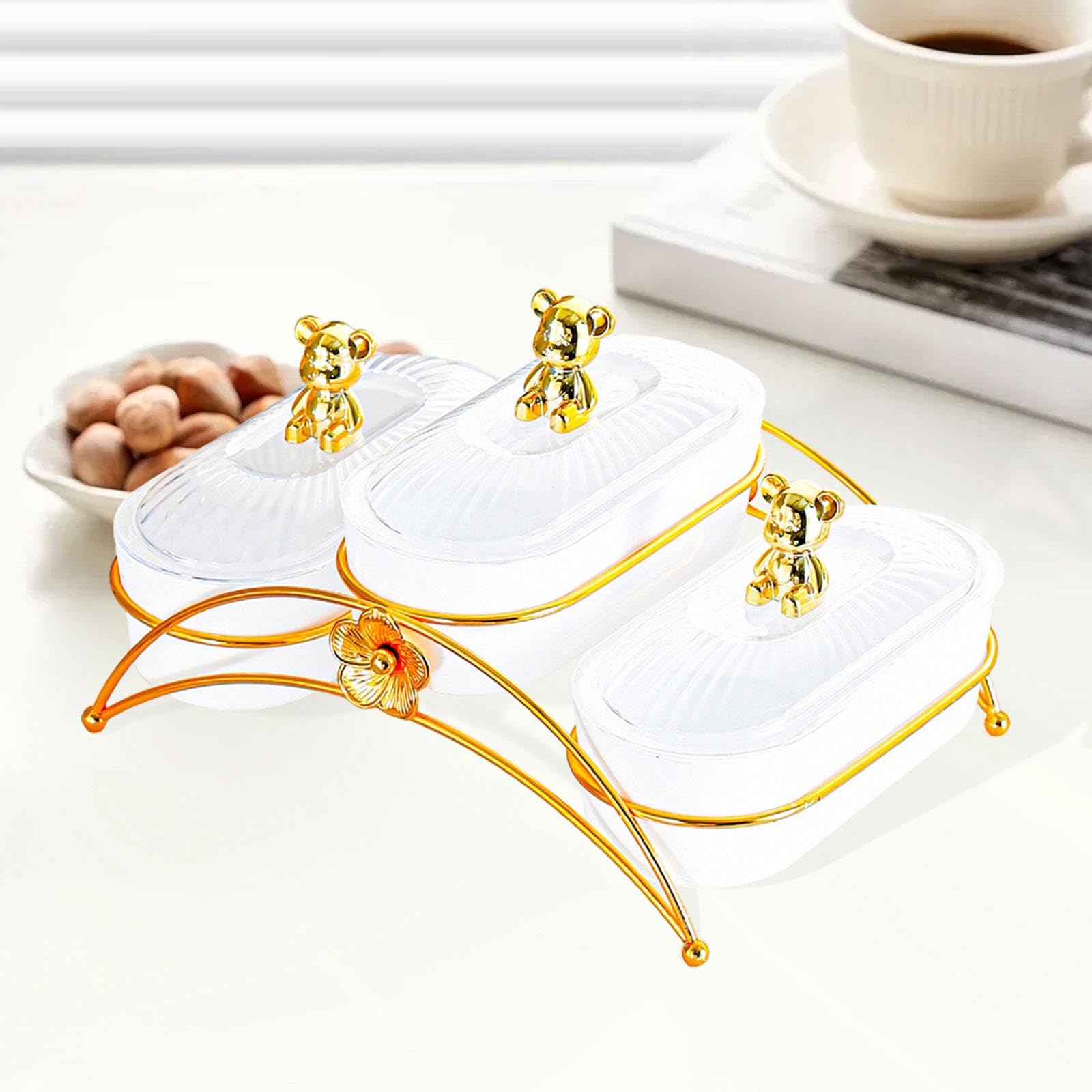 Qianly Dried Fruit Plate Dessertschale mit Deckel Servierplatte mit 3 Fächern Vorratsbox für Nüsse Trockenfrüchte Süßes Aus Eisen für Zuhause Familienfeier W, 3 Grid Bear
