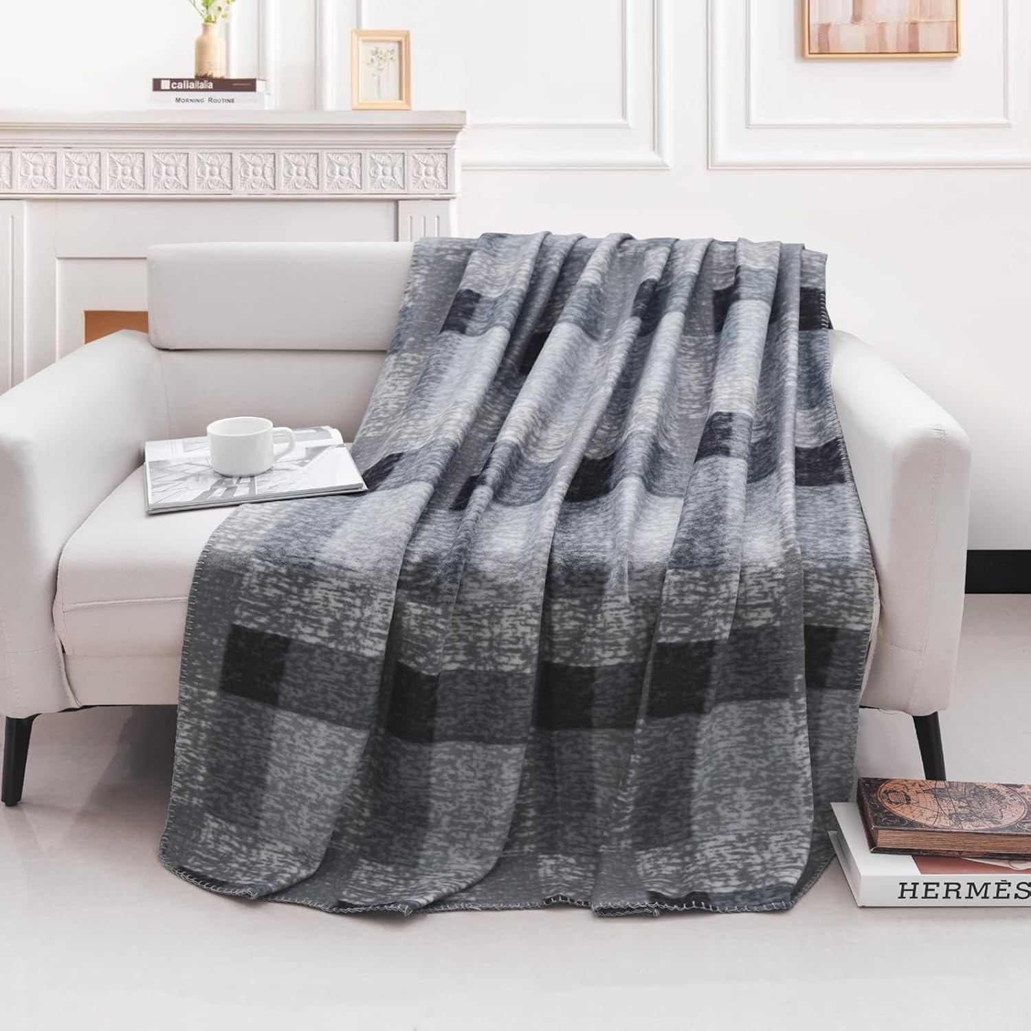 Fleece Throw Blankets for Couch Bulk Lightweight Warm Soft Cozy Dog Blanket 6 Pack Bulk Fleece Kids Blanket Solid for Bed Couch Office Gifts Outdoor Grey Plaid 50 x 60 inch
