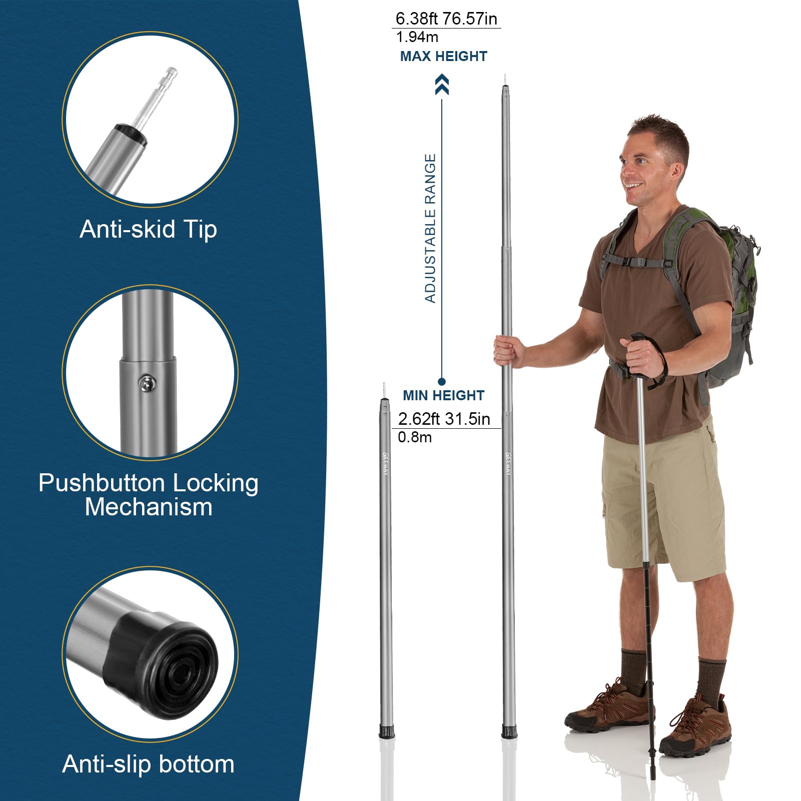 GEEWAY 2 Pcs 77 Inch Tarp Poles for Camping, Heavy Duty Telescoping Tent Pole, Aluminum Adjustable Tent Poles for Outdoor Activity, Wilderness Adventure and RV Travel (Grey)