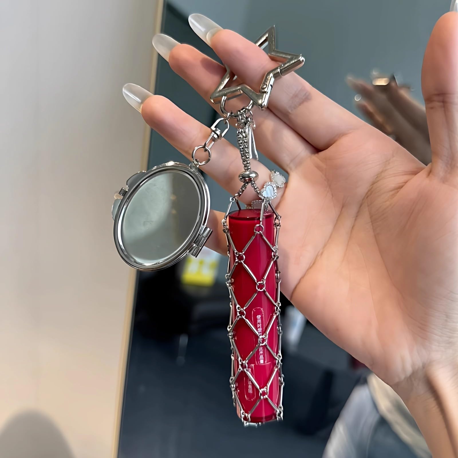 Lipstick Case Love Star Charm Keychain DIY Metal Mesh Pouch Bag Pendant Decoration Fashion Aesthetic Keyring for Women Gifts