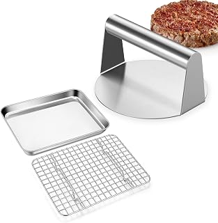 9” Baking Pan with Cooling Rack & 5.5” Smash Burger Press, Joyfair Stainless Steel Toaster Oven Sheet Tray Pans with Grid Racks, Hamburger Smasher Tool Patty Maker for Flattop Griddle