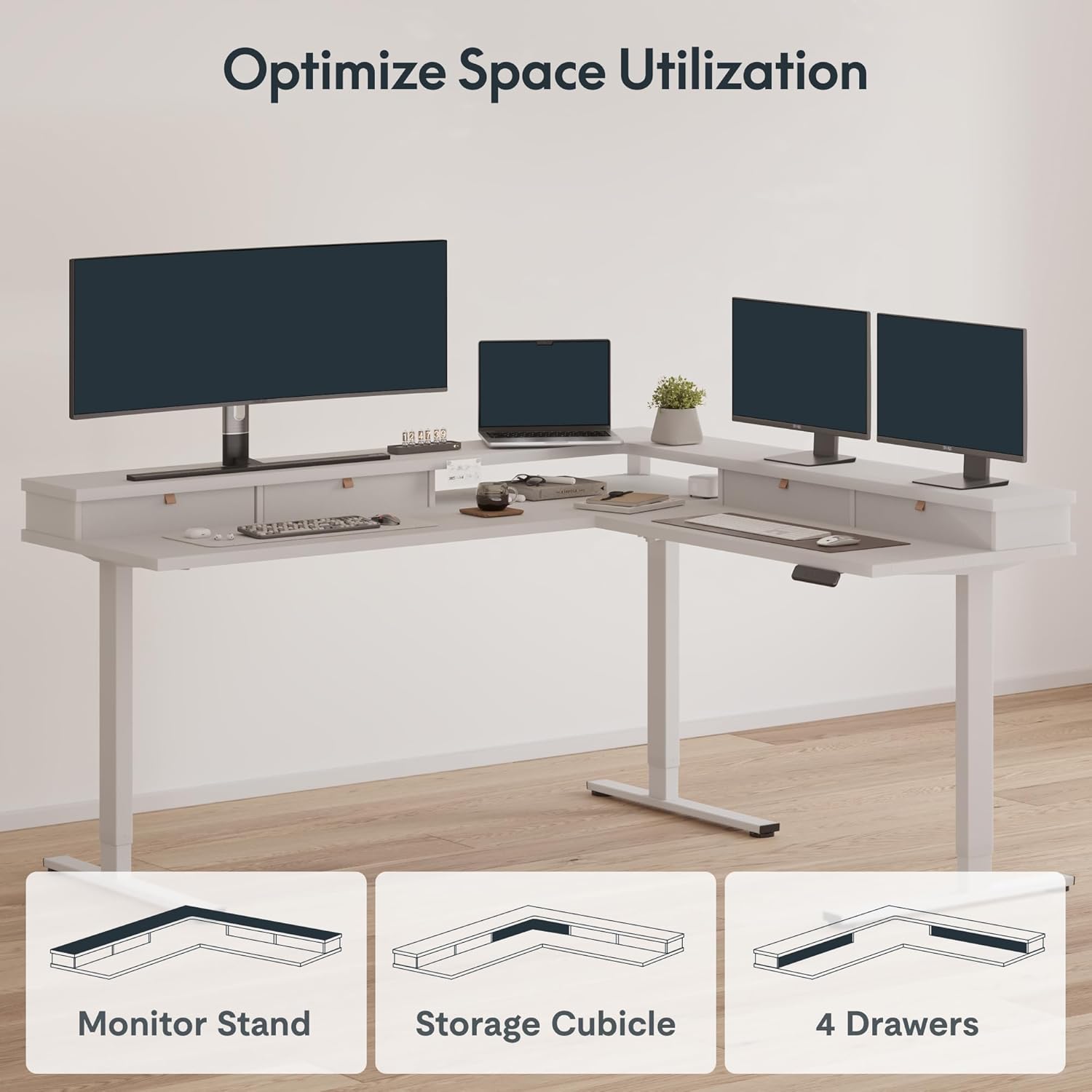Diagram illustrating different configurations for the SANODESK L-Shaped Standing Desk, including monitor stand, storage cubicle, and 4 drawers.