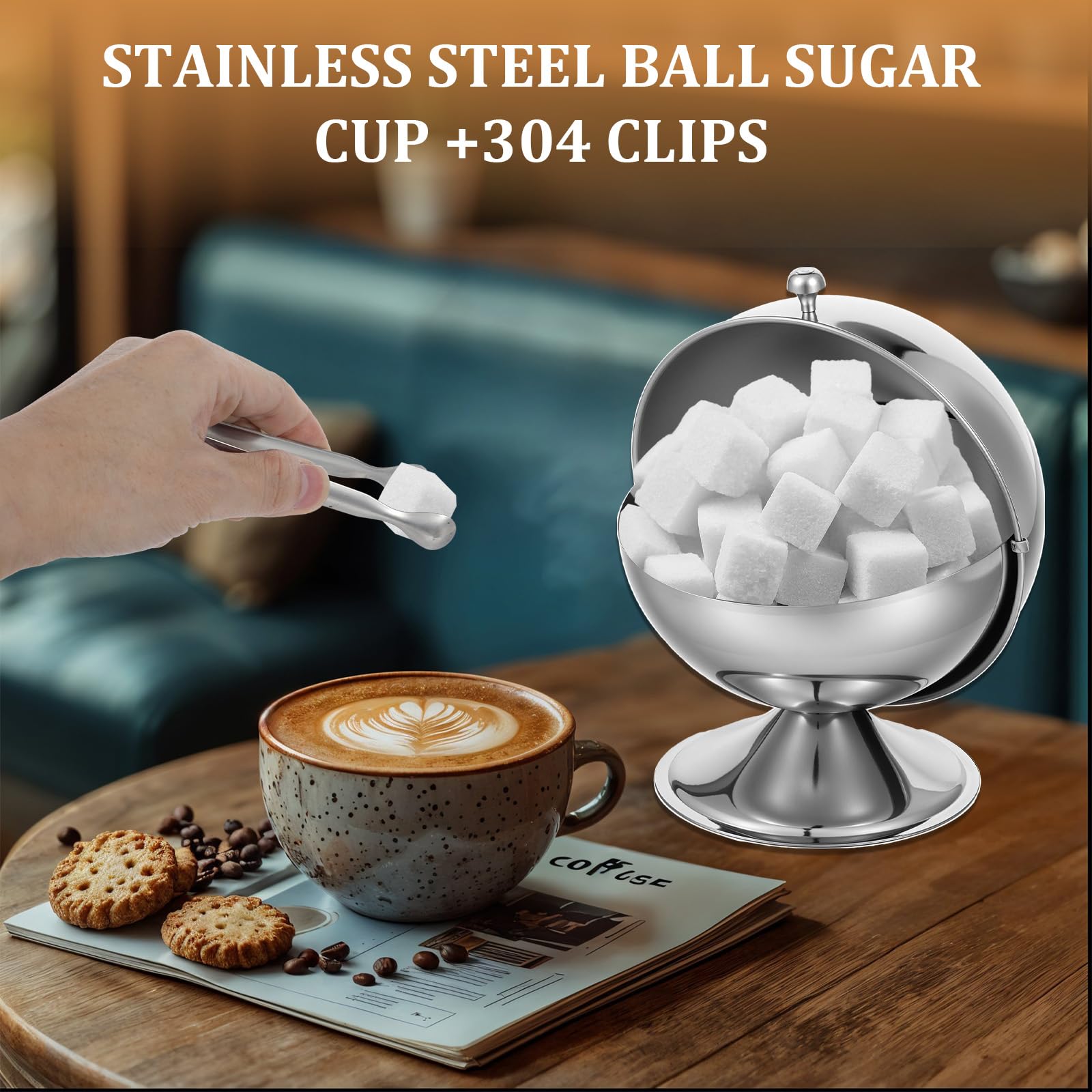 Sucrier en acier inoxydable avec couvercle enroulable - Bol à bonbons sphérique en acier inoxydable avec pince à sucre de 11,9 cm - Support de cube de sucre - Pot à bonbons - Pour la maison, la